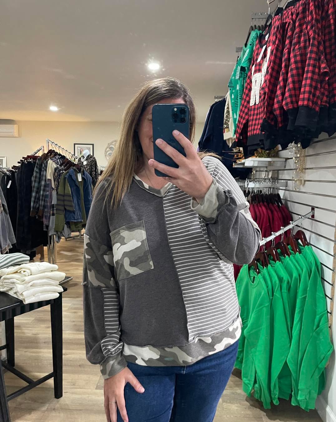 Brown V-Neck Oversized Long Camo Contrast Knit Top