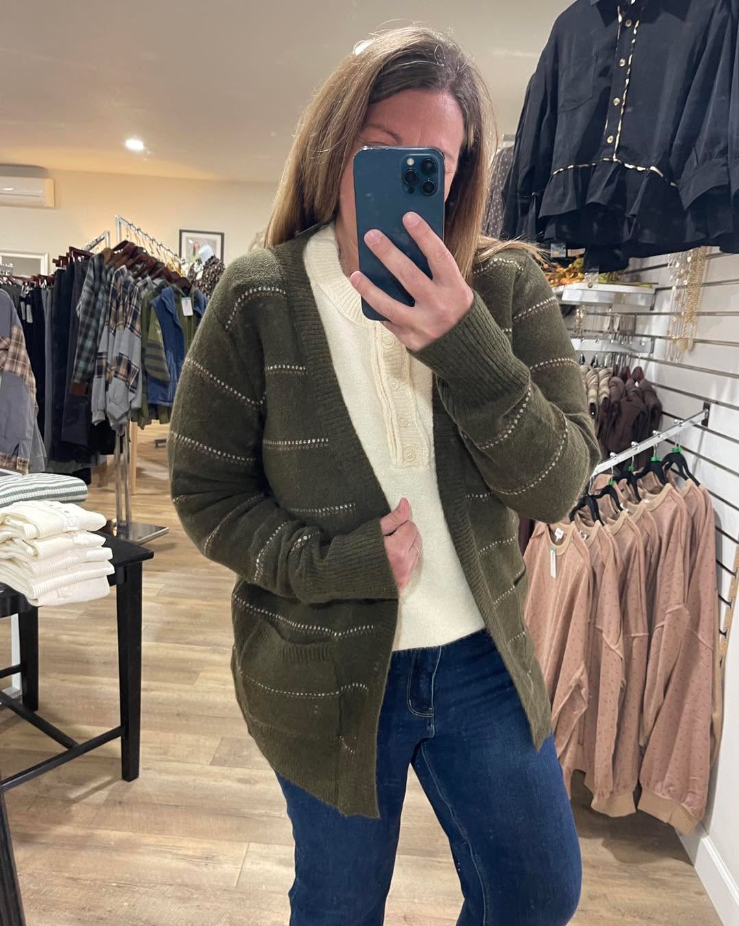 Olive Texture Multi Striped, Open Front Cardigan