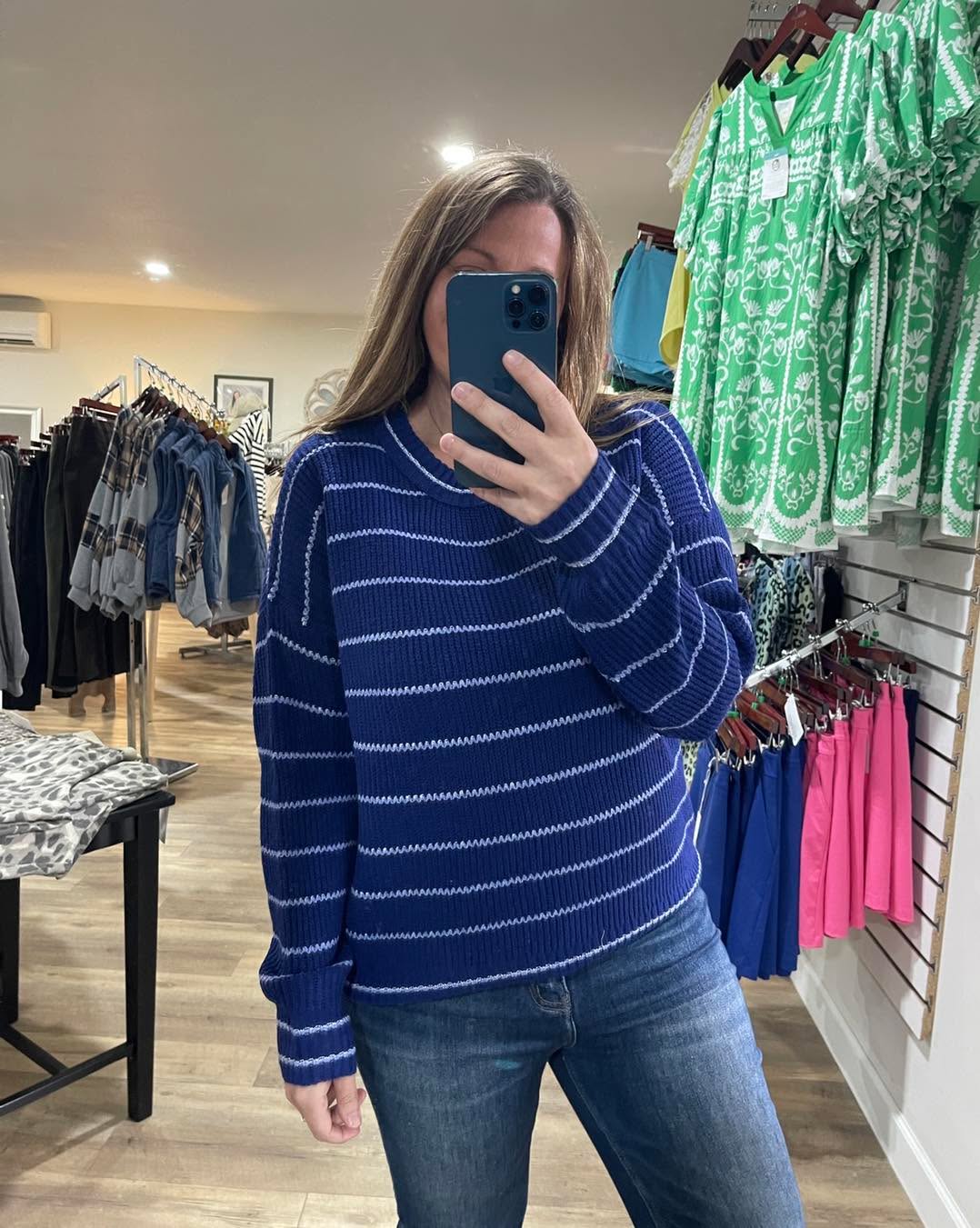 NAVY Texture Striped, Long Sleeve, Loose Fit, Crew Neck Sweater