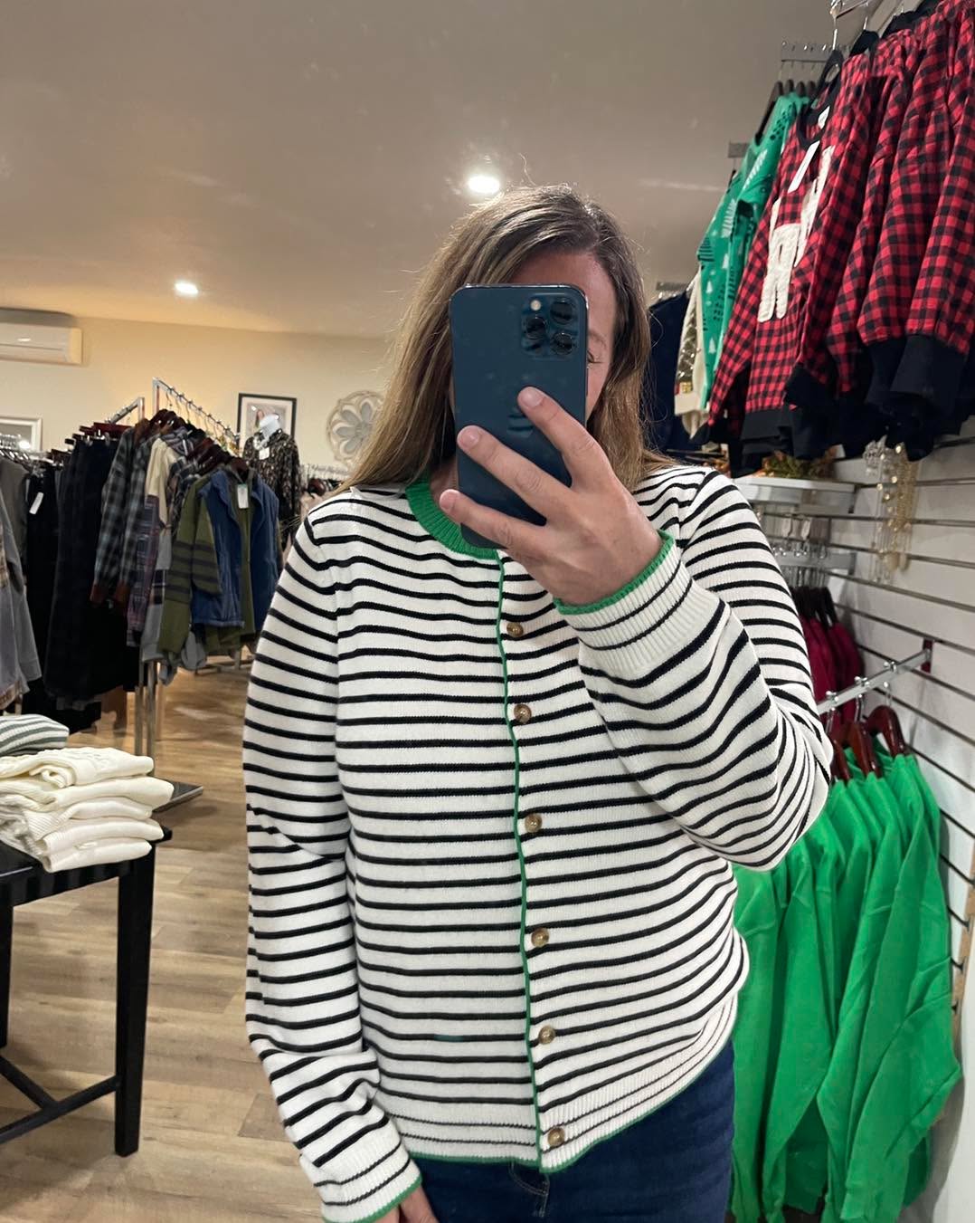 IVORY/GREEN Color Accent, Long Sleeve, Button Down, Striped Cardigan Sweater