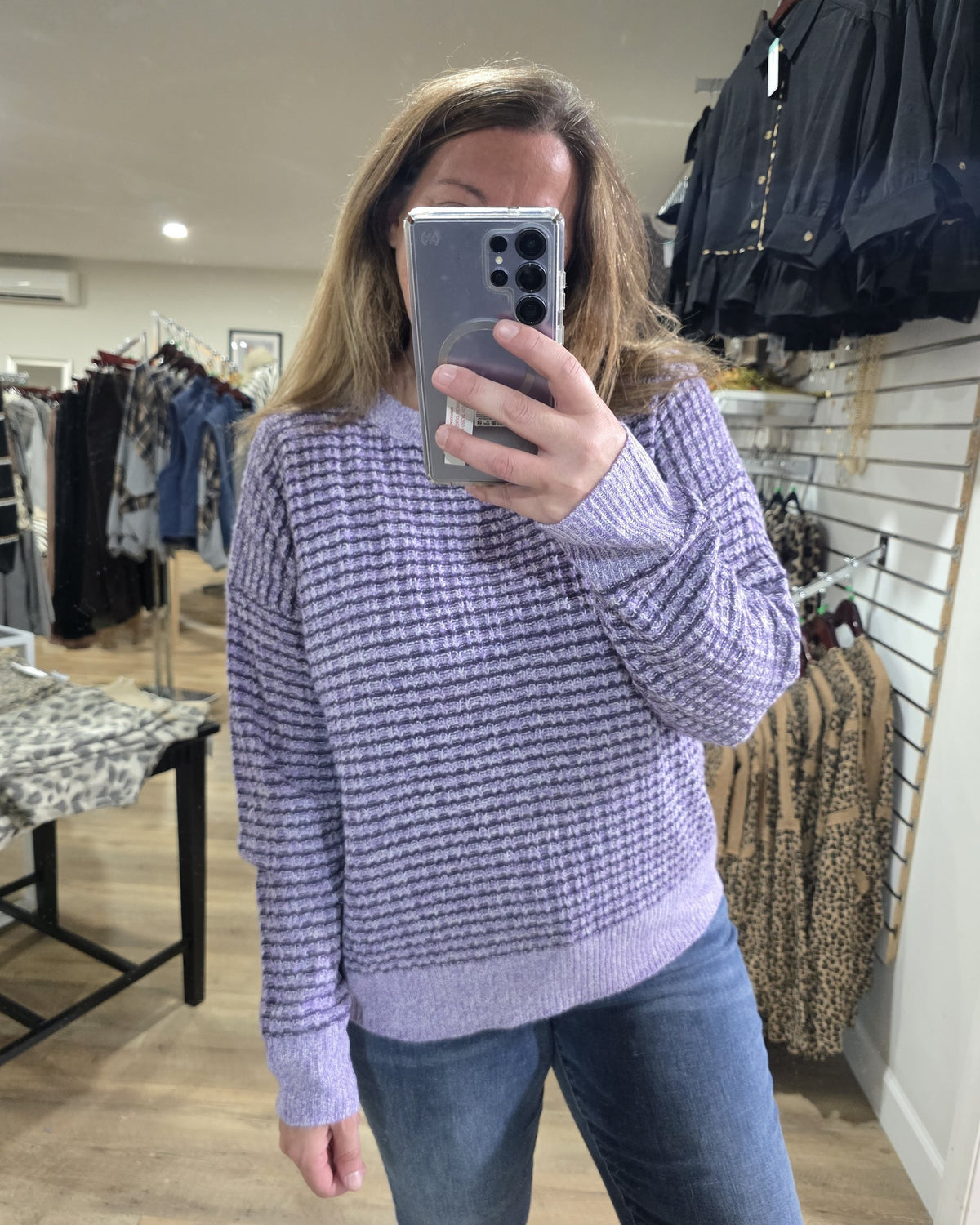 PURPLE Waffle Textured Crew Neck Long Sleeve Striped Sweater