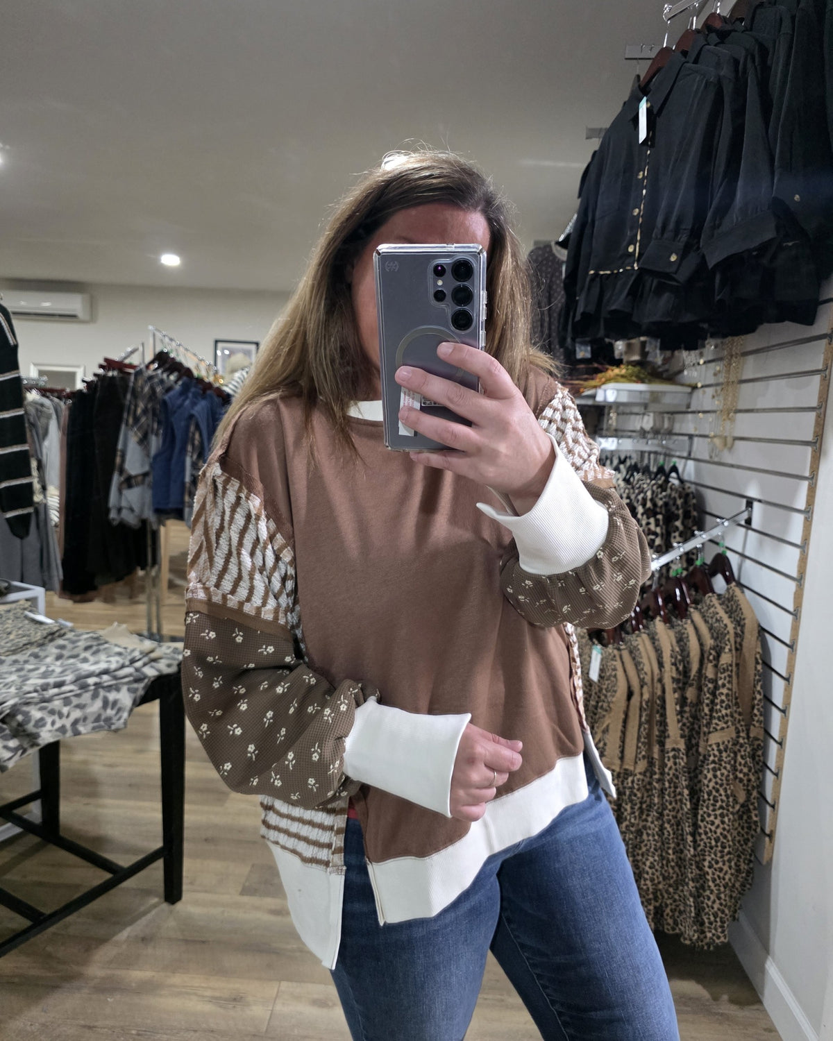 MOCHA STRIPED & FLORAL LOOSE FIT FRENCH TERRY TOP