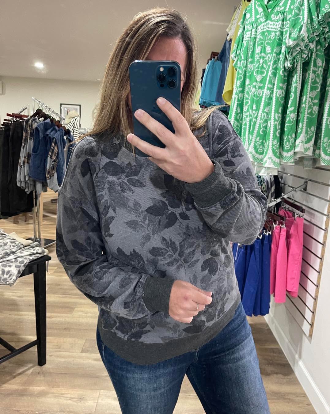 GREY Crew Neck, Long Sleeve, Rib Hacci Floral Printed Top