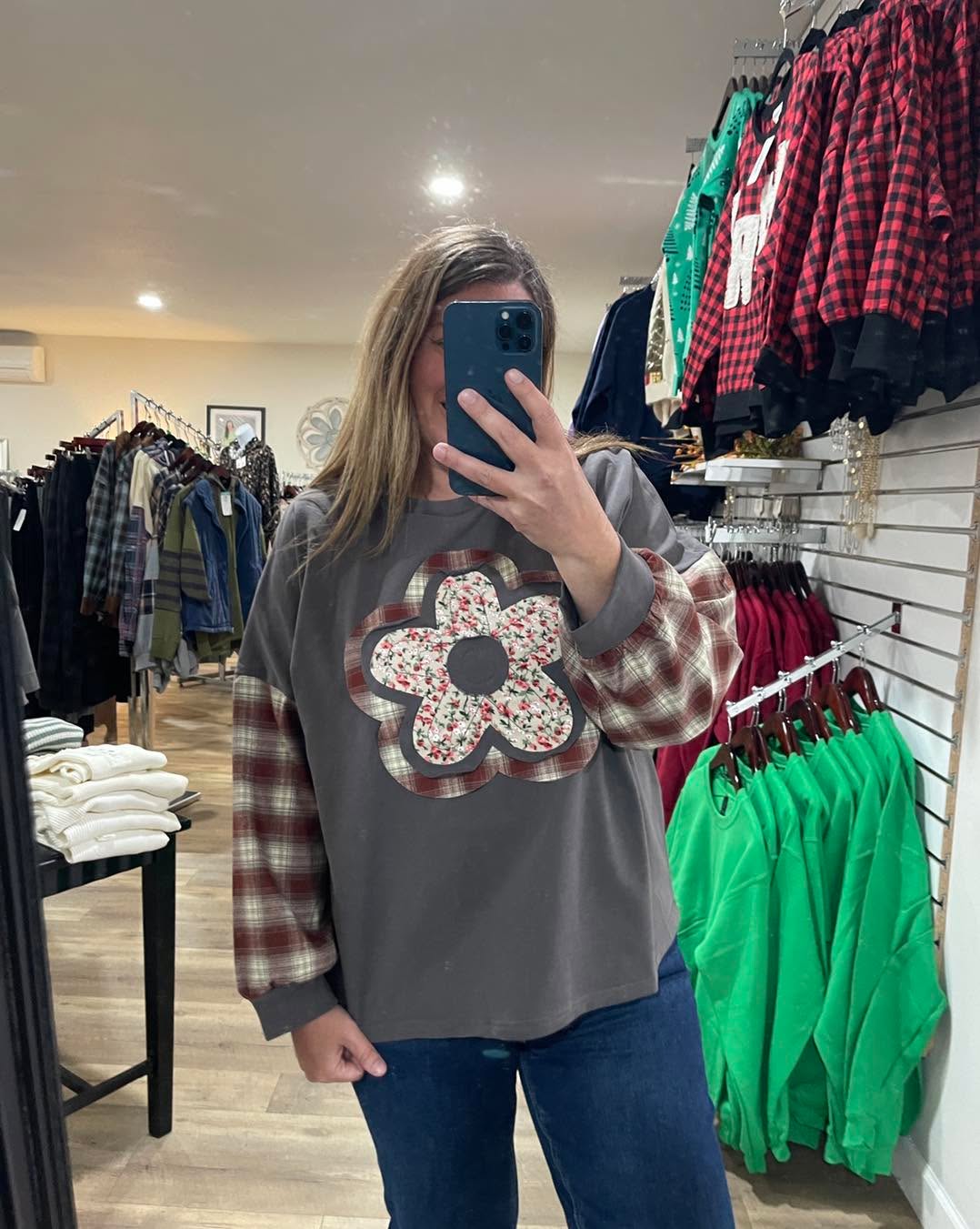 Charcoal Round Neck Bubble Long Sleeve Flower Patches Solid French Terry And Plaid Top
