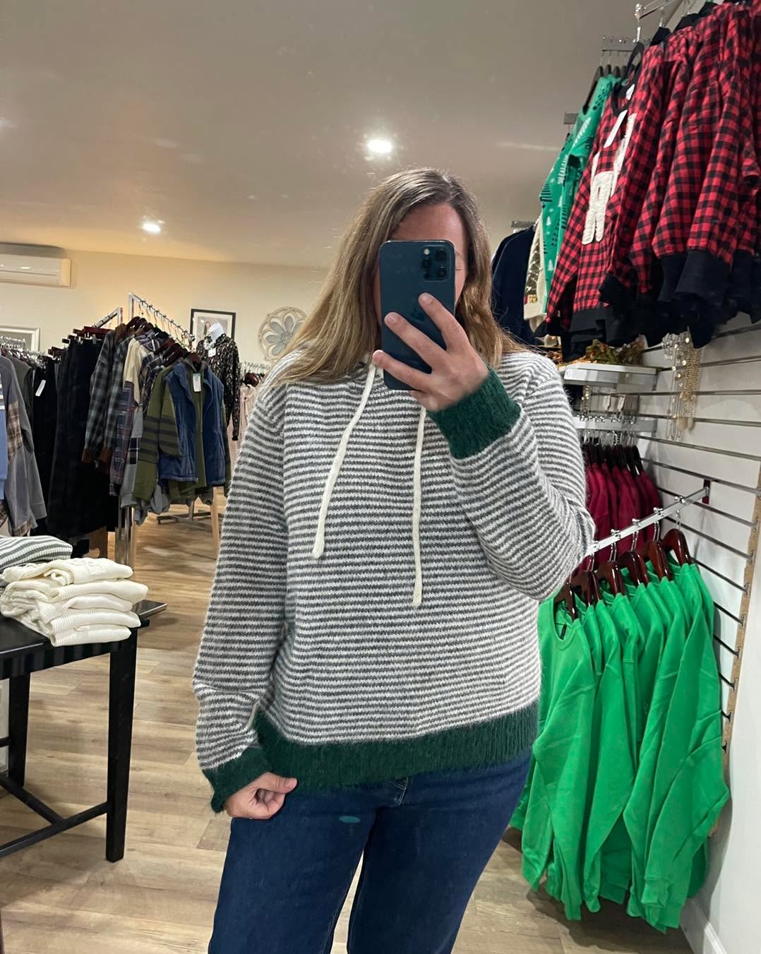 GREY Striped, Hoodie, Long Sleeve, Pullover Sweater W/ Hunter Trim