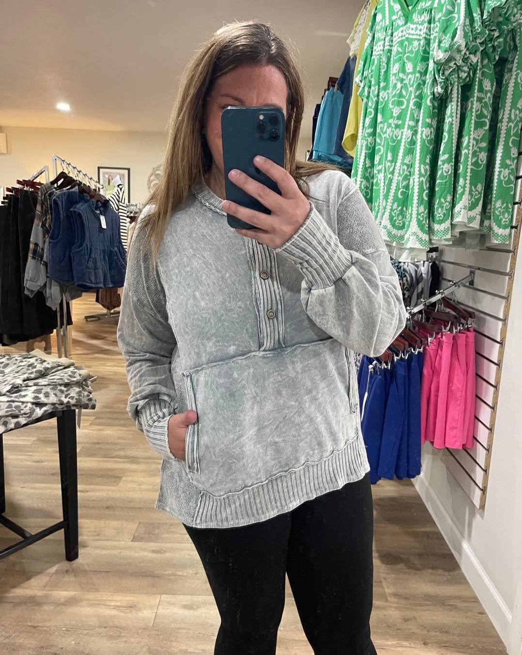 SILVER GREY Mineral wash Henley Kangaroo Pocket Terry Sweatshirt