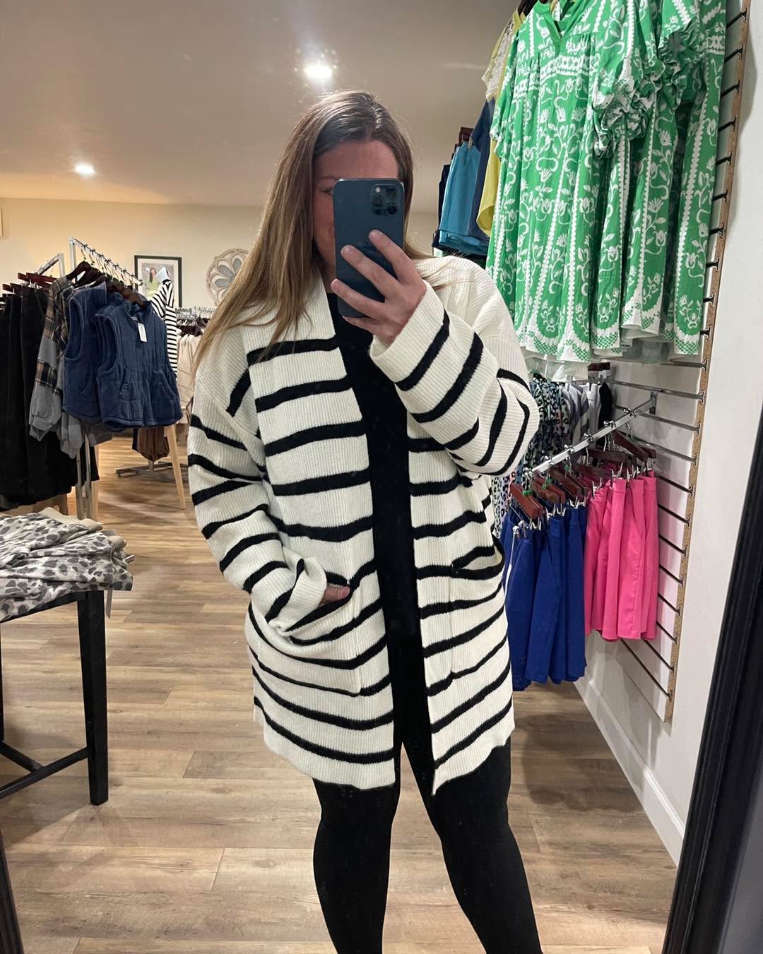 CREAM/BLACK STRIPED LONG OVERSIZED CARDIGAN W/ POCKETS