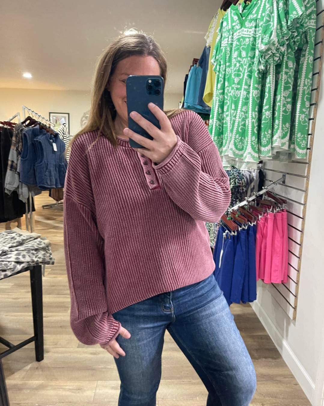 Burgundy Mineral Wash Henley Sweater