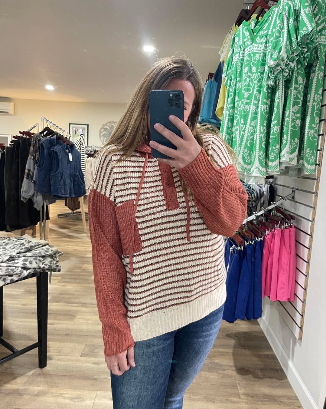 RUST Striped, Hoodie, Half Button, Chest Pocket, Pullover