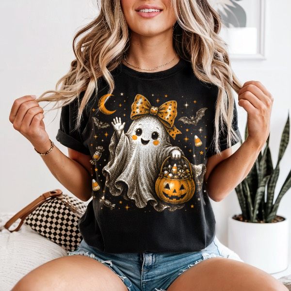 Cute Ghost With Bow — Comfort Colors unisex tee