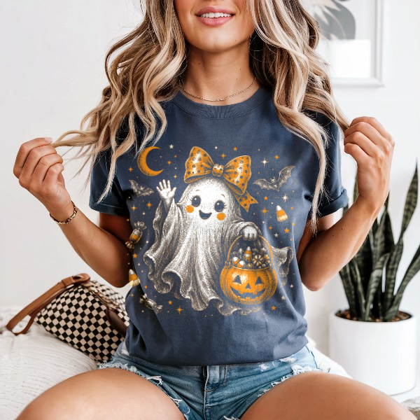 Cute Ghost With Bow — Comfort Colors unisex tee