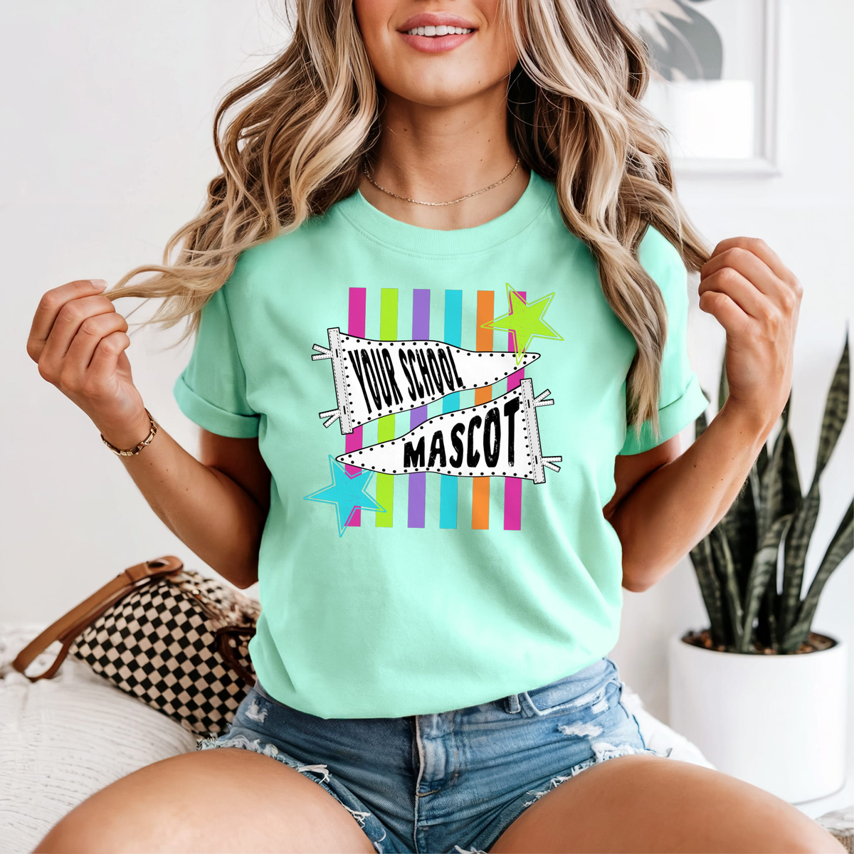 MULTI COLOR STRIPED SCHOOL/MASCOT COMFORT COLORS TEE
