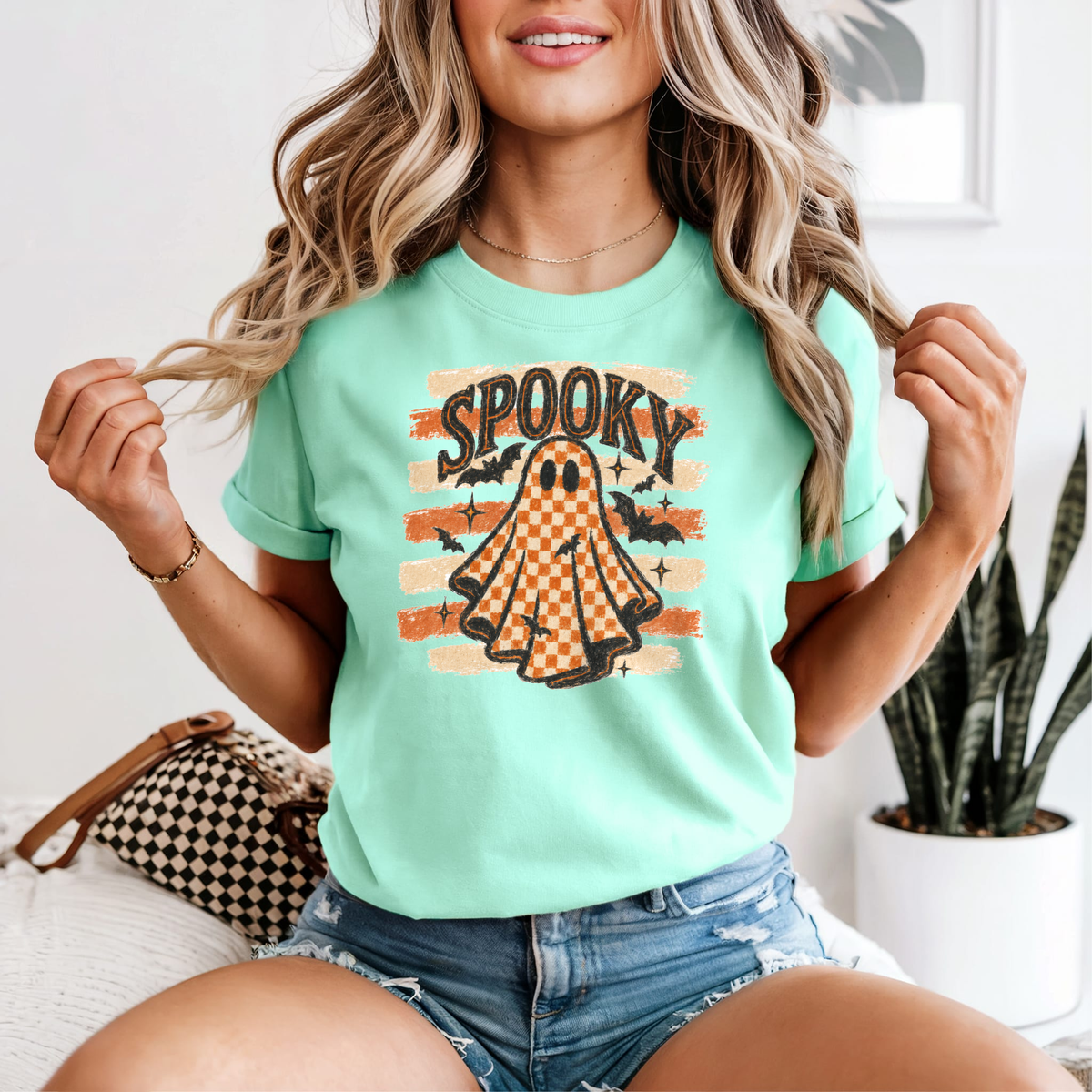 Spooky Checkered Ghost — Comfort Colors unisex tee