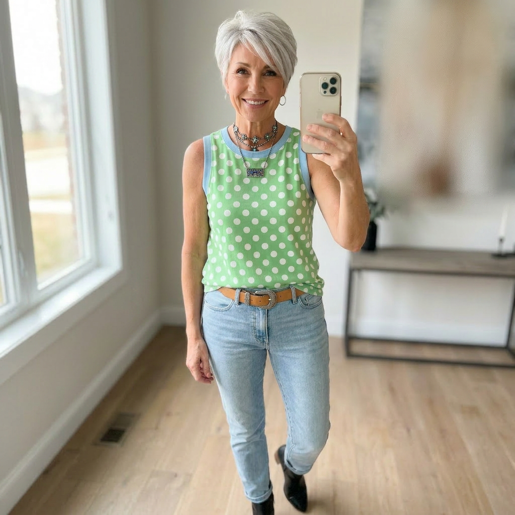 GREEN POLKADOT KNIT TANK TOP