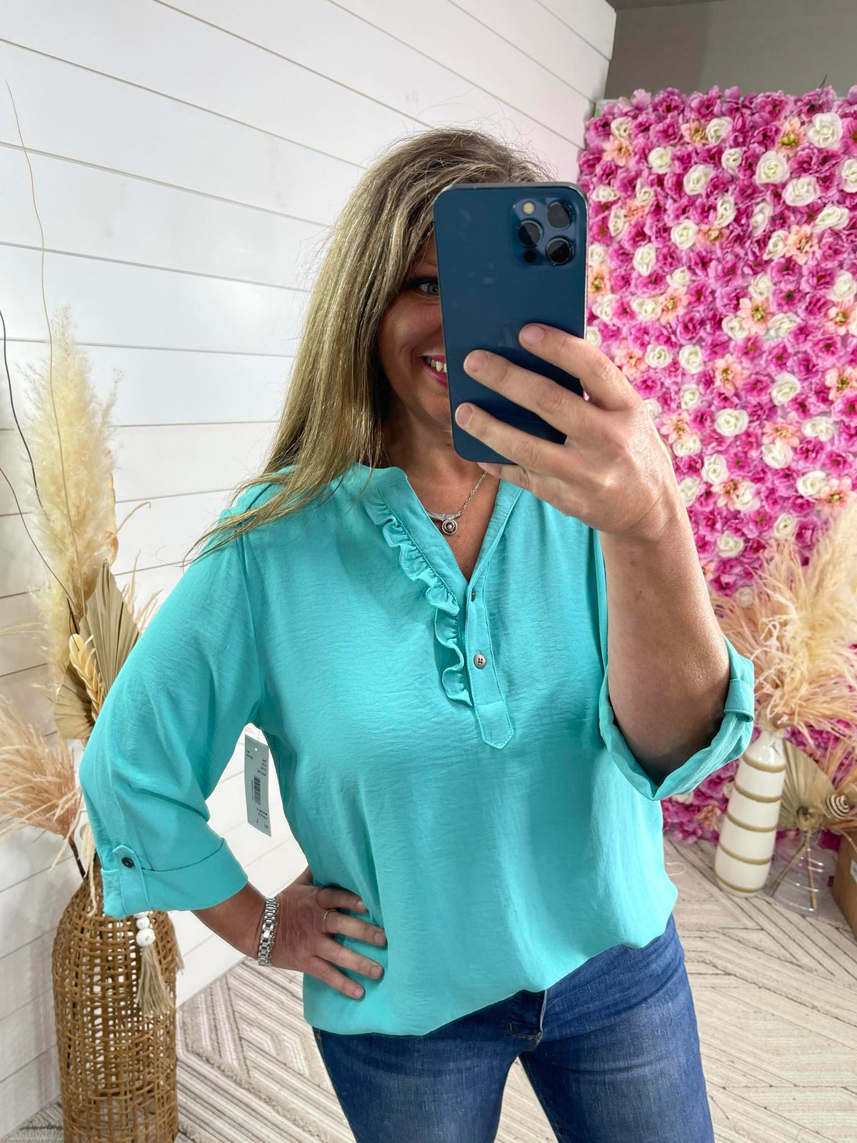 TEAL 3/4 SLEEVE RUFFLE TRIM BLOUSE