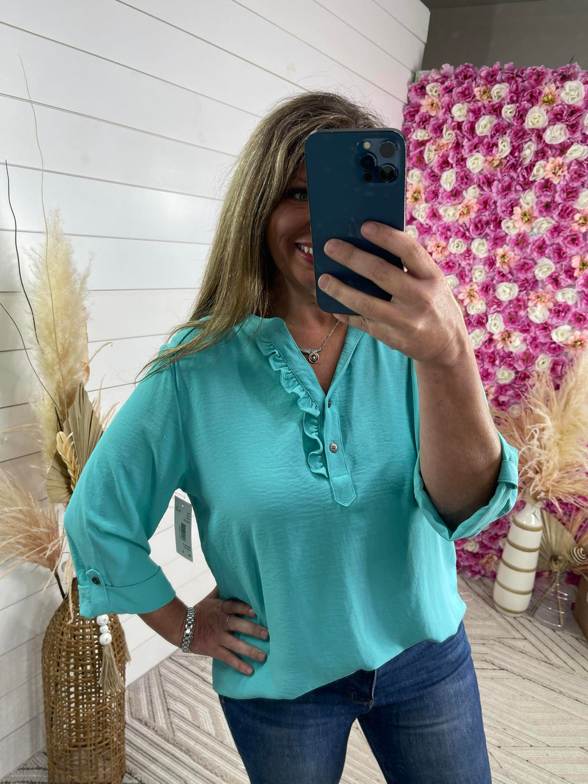 TEAL 3/4 SLEEVE RUFFLE TRIM BLOUSE