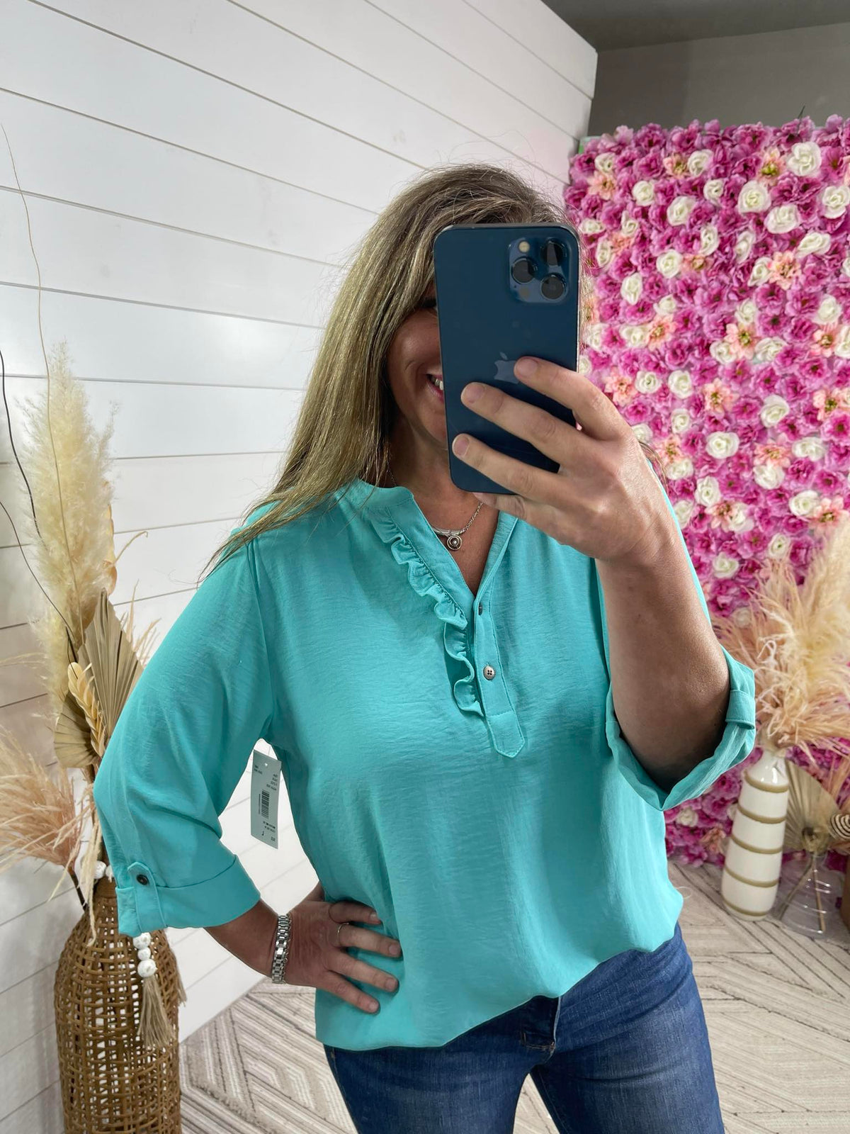 TEAL 3/4 SLEEVE RUFFLE TRIM BLOUSE