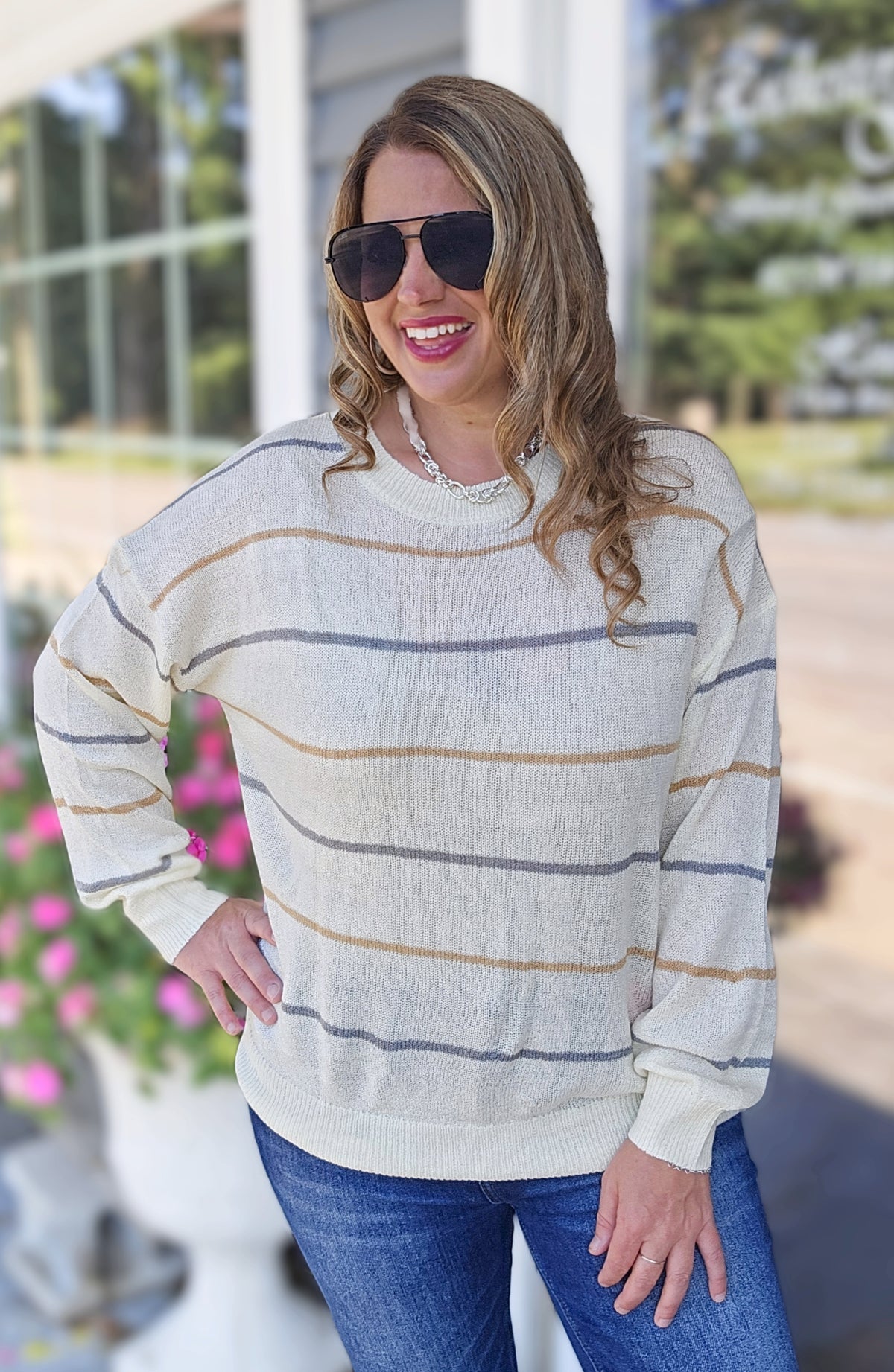 CREAM/GREY/CAMEL STRIPED LIGHT WEIGHT SWEATER