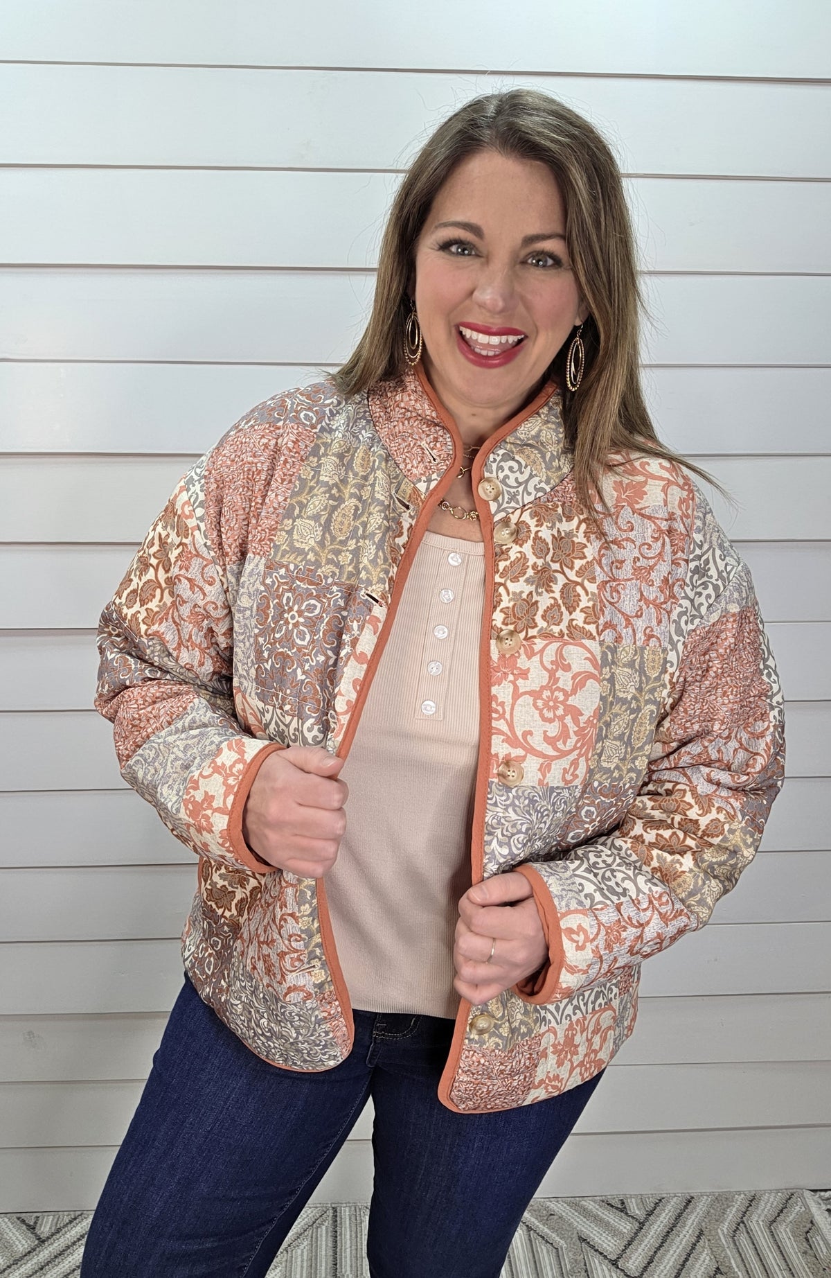 DK MAUVE/SAGE/GREY PATCHWORK QUILTED BUTTON UP JACKET