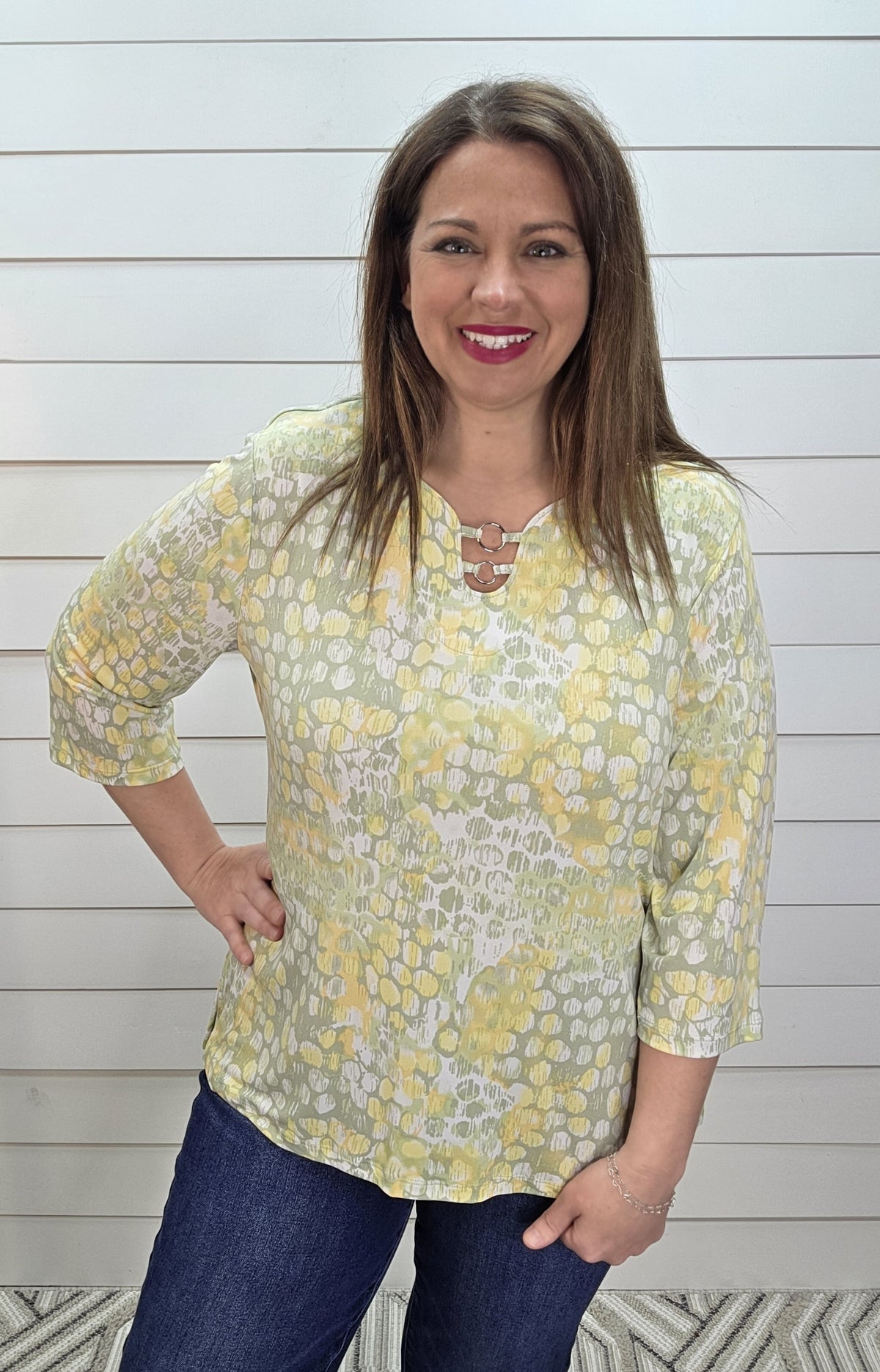 YELLOW/GREEN DOT PATTERN KNIT TOP W/ RING ACCENT NECKLINE