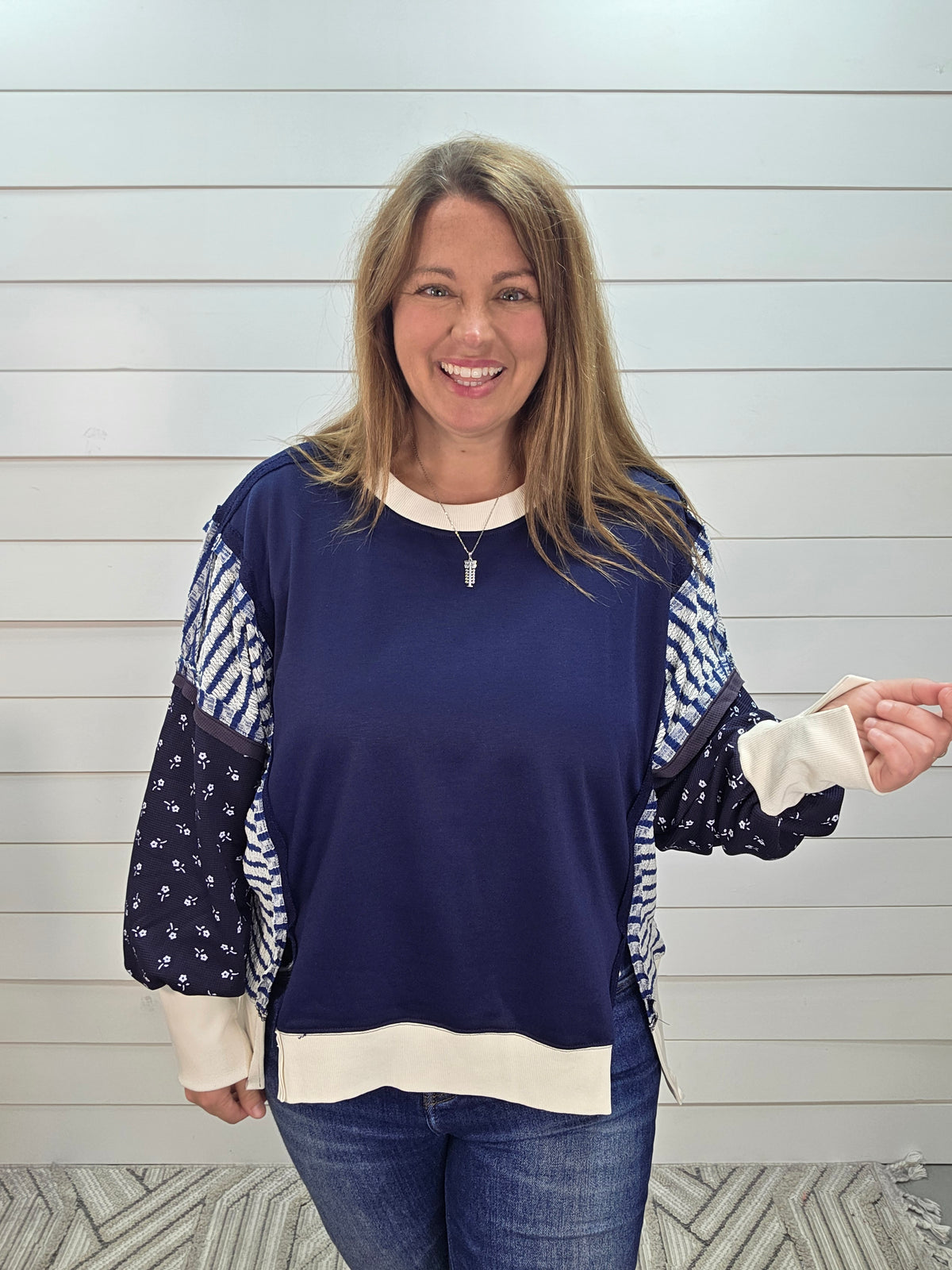 NAVY/STRIPED/FLORAL LOOSE FIT FRENCH TERRY TOP