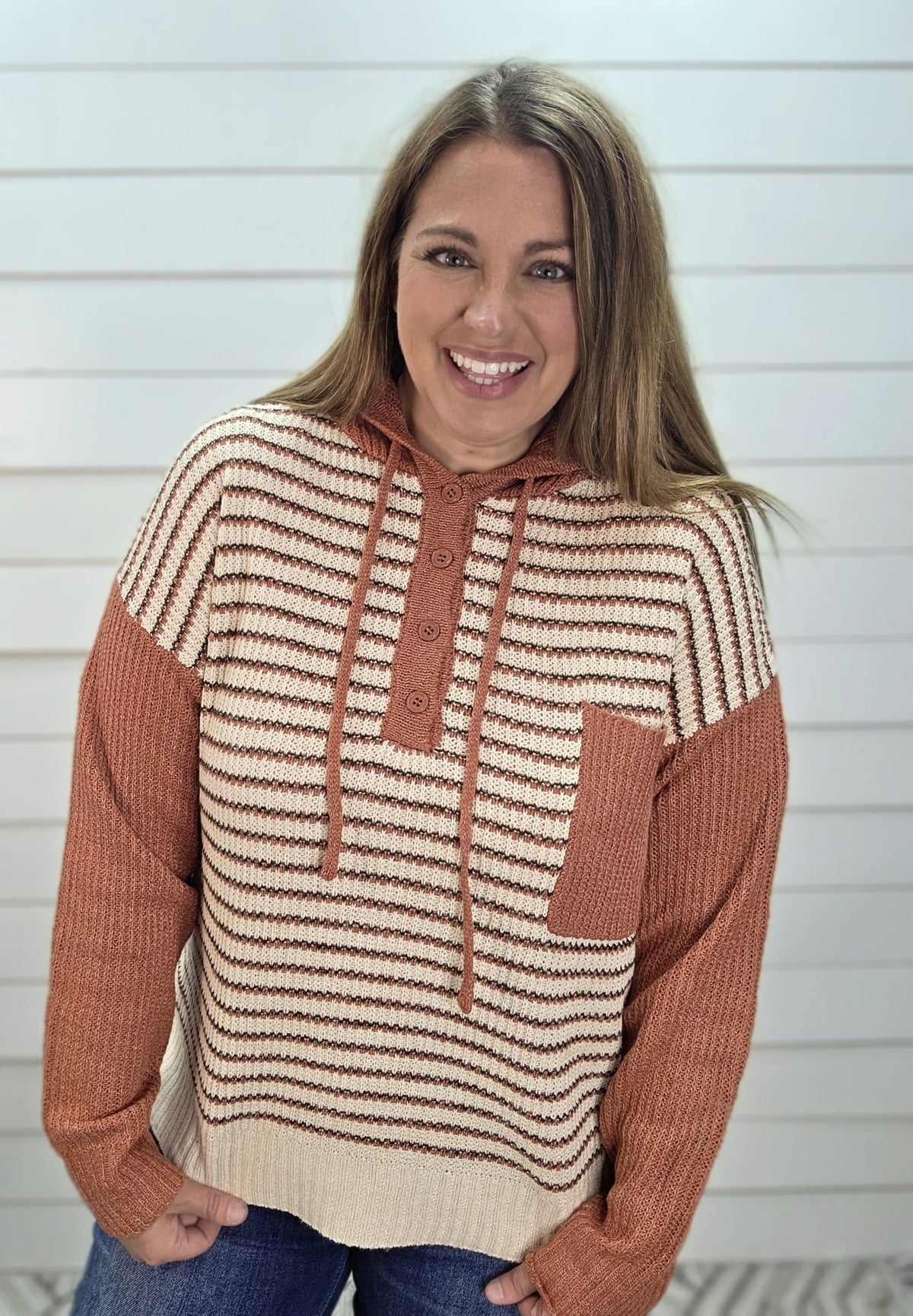 RUST Striped, Hoodie, Half Button, Chest Pocket, Pullover