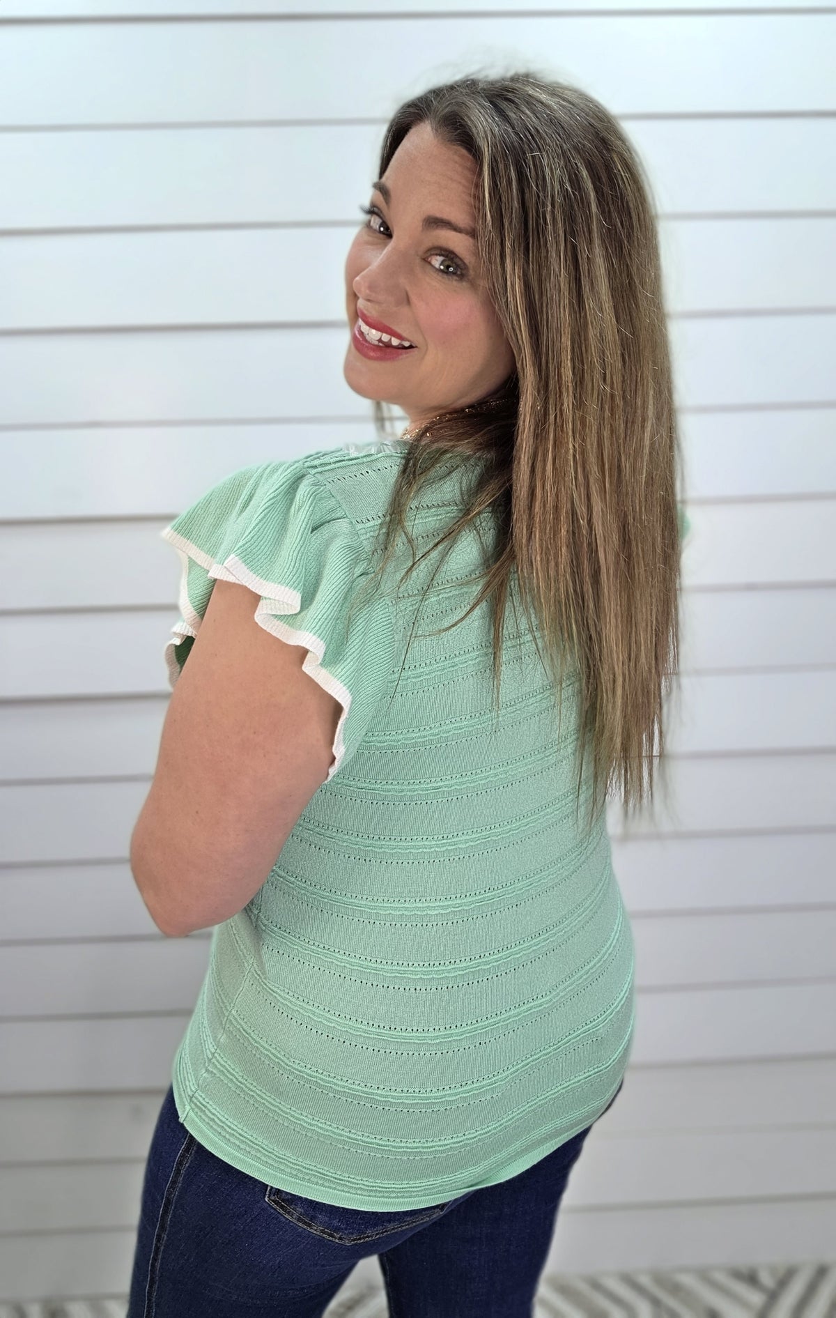 MINT TEXTURED STRIPED RUFFLE SHORT SLEEVE SWEATER KNIT TOP