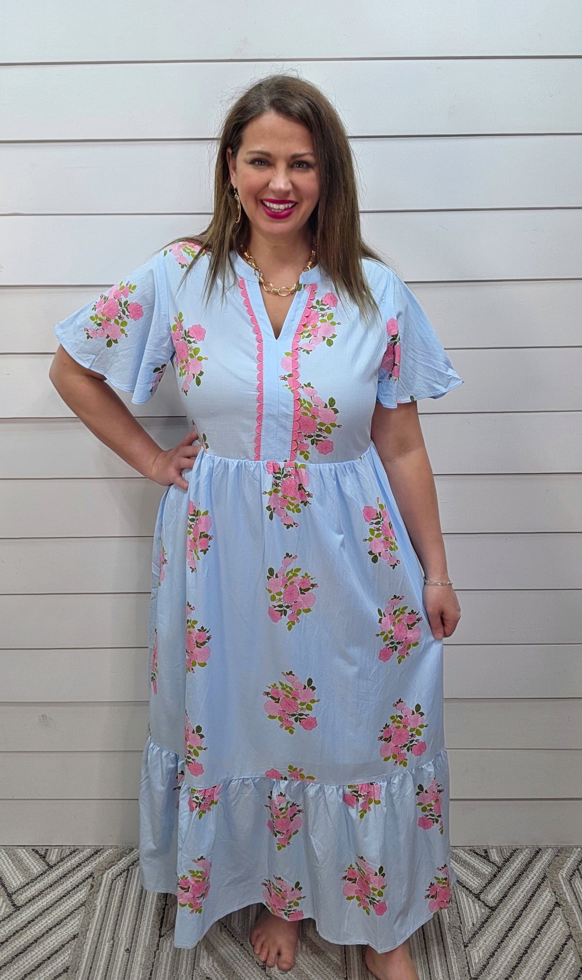 SKY BLUE/PINK FLORAL LONG DRESS