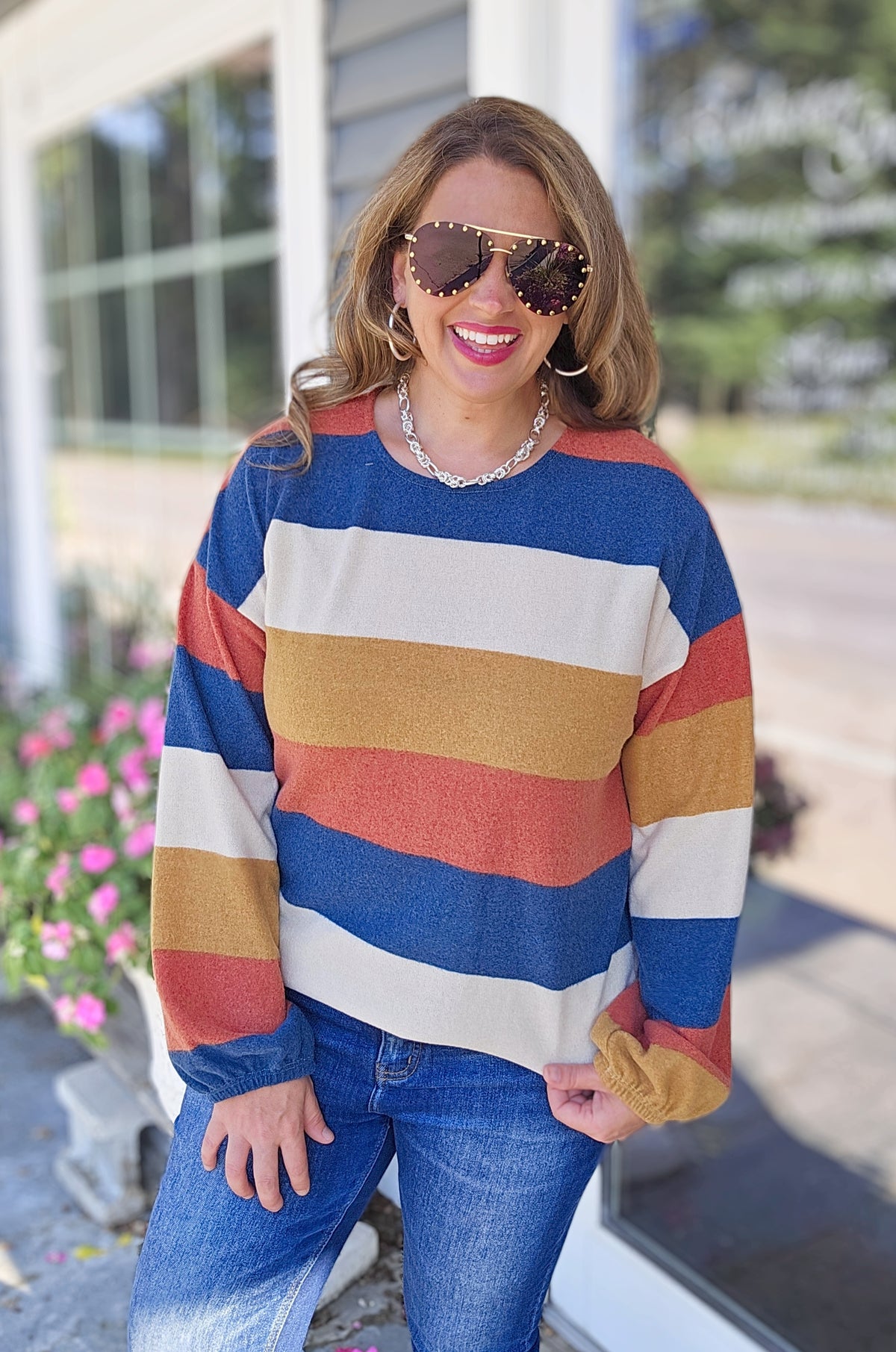 MULTI COLOR WIDE STRIPED BRUSHED KNIT CREW NECK