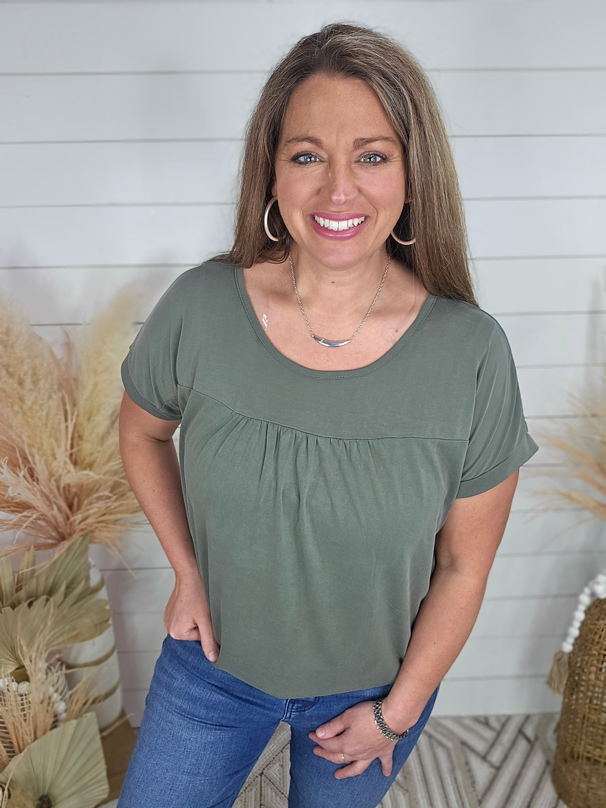 OLIVE GATHERED CHEST SHORT SLEEVE MODAL TOP