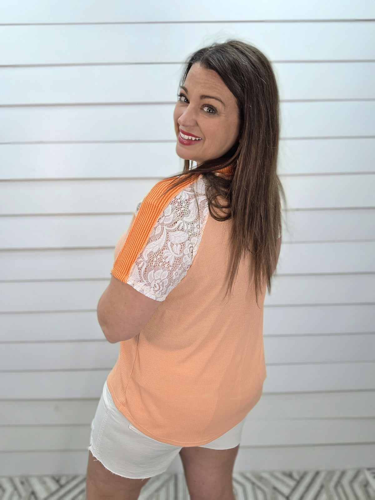 CORAL WAFFLE KNIT TOP W/ LACE SLEEVES AND RAISED RIBBED TRIM