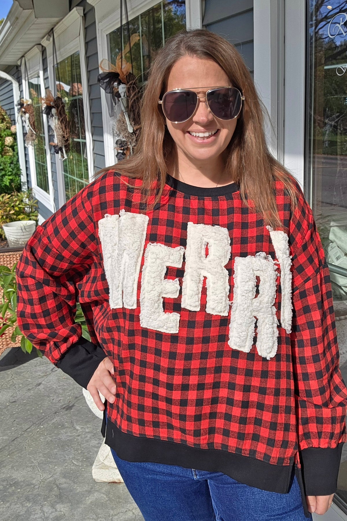 RED/BLACK BUFFALO CHECK MERRY OVERSIZED TOP