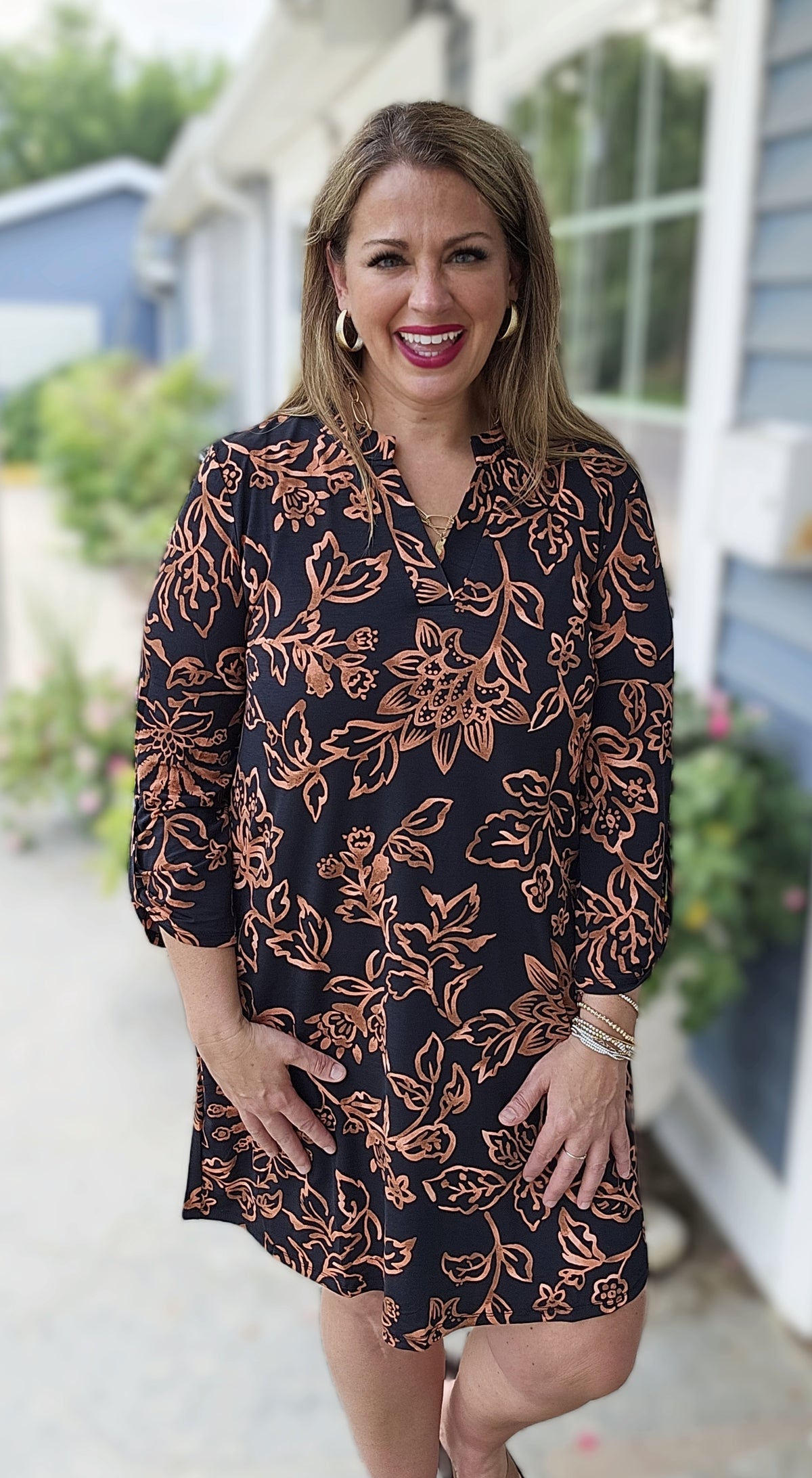 DEAR SCARLETT BLACK/RUST 3/4 SLEEVE DRESS