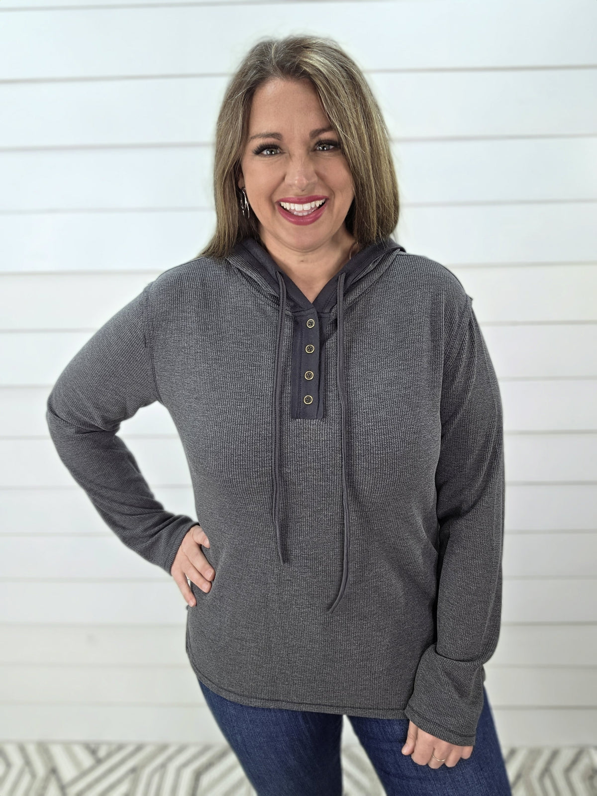 CHARCOAL BUTTON HENLEY KNIT TOP W/ SUEDE CONTRAST