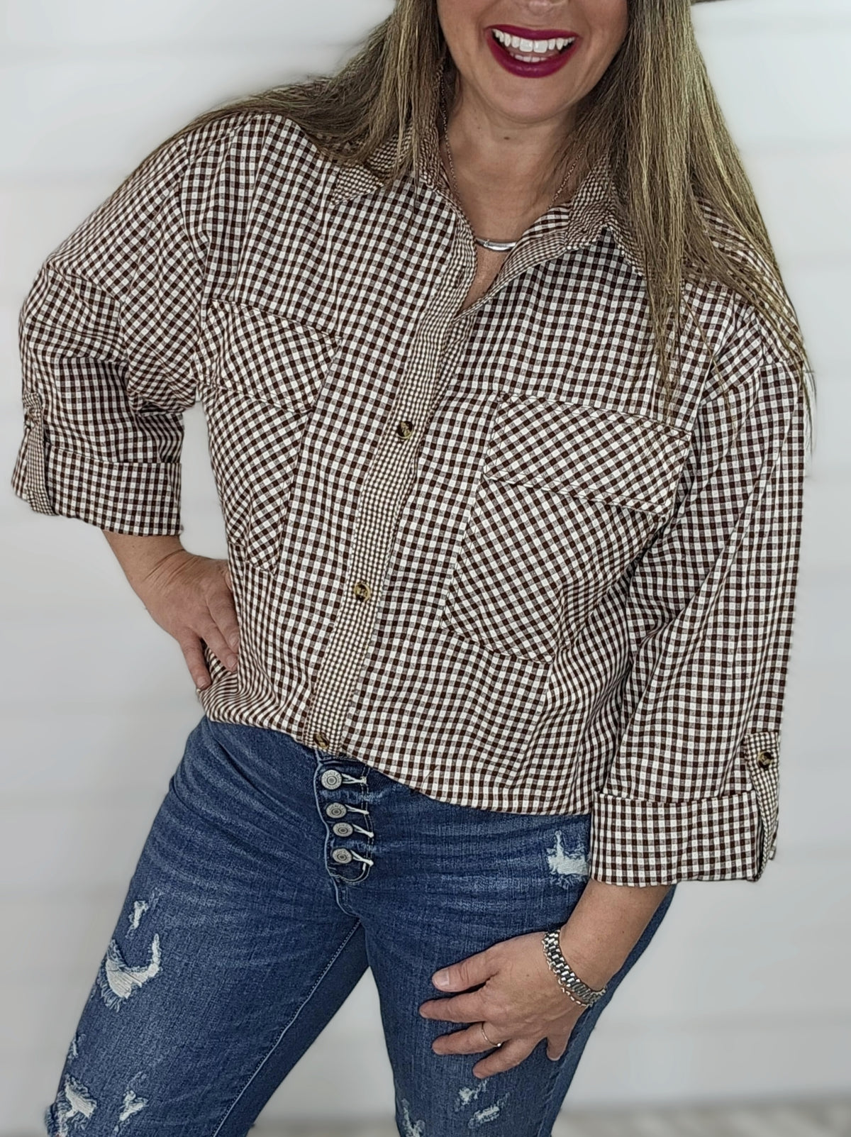 BROWN CHECK ROLL TAB PLAID BUTTON DOWN TOP