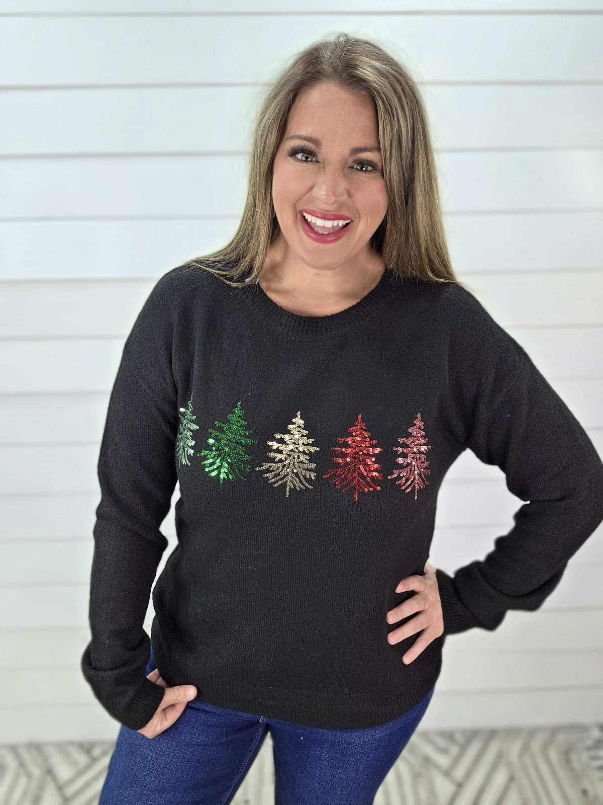 BLACK SEQUIN TREE KNIT SWEATER
