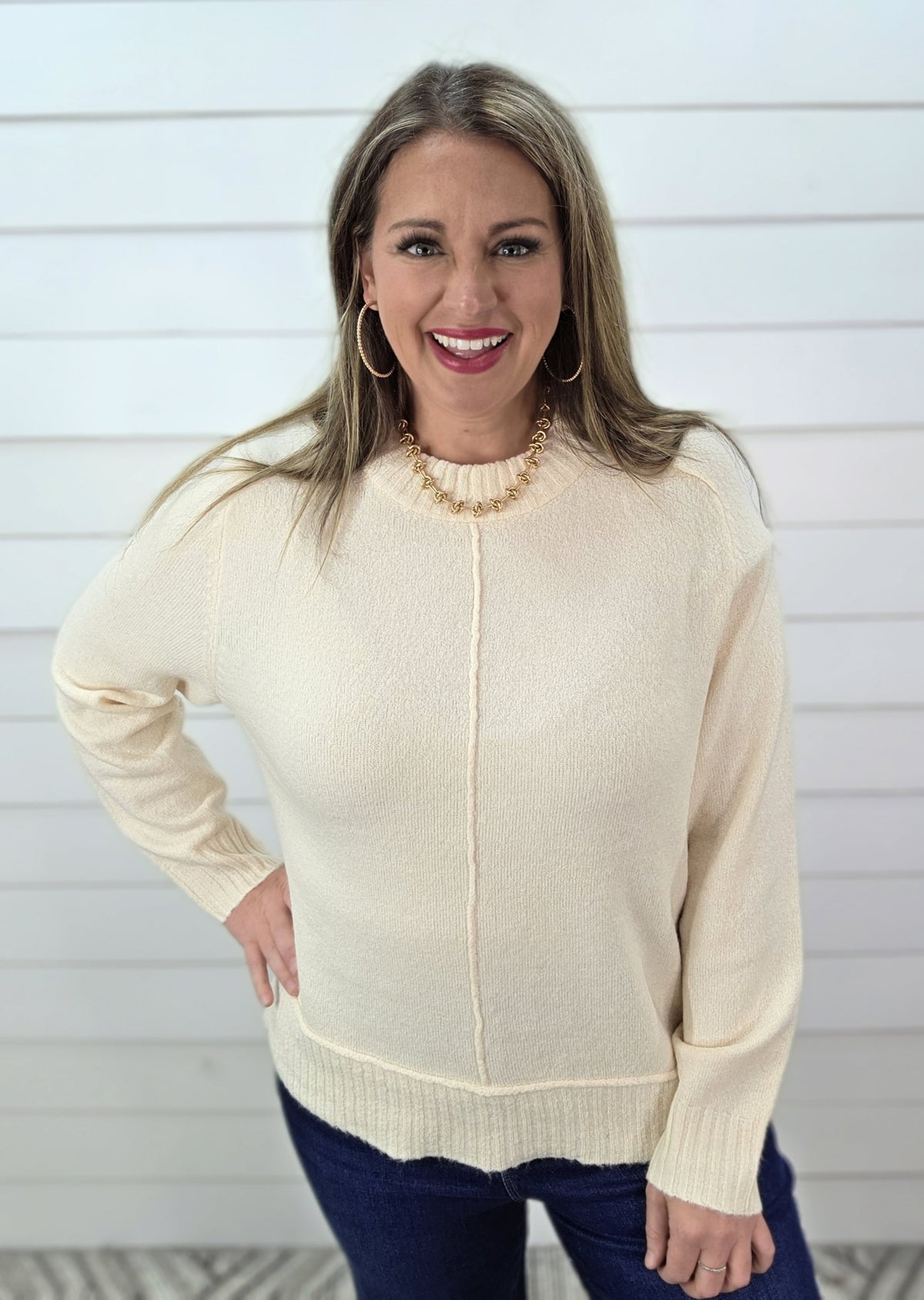OATMEAL CENTER SEAM RAGLAN SLEEVE CREW NECK PULLOVER SWEATER