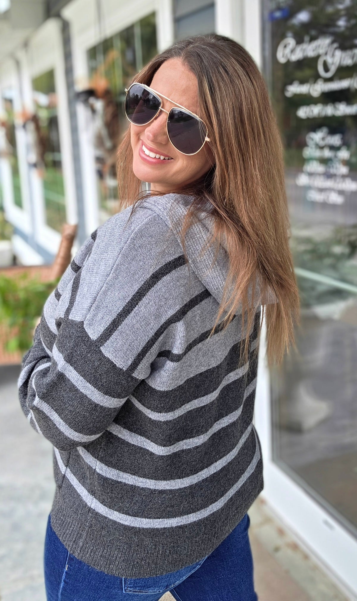 Charcoal Long Sleeve, Color Block Striped, Button Down Hoodie Sweater Cardigan With Pockets