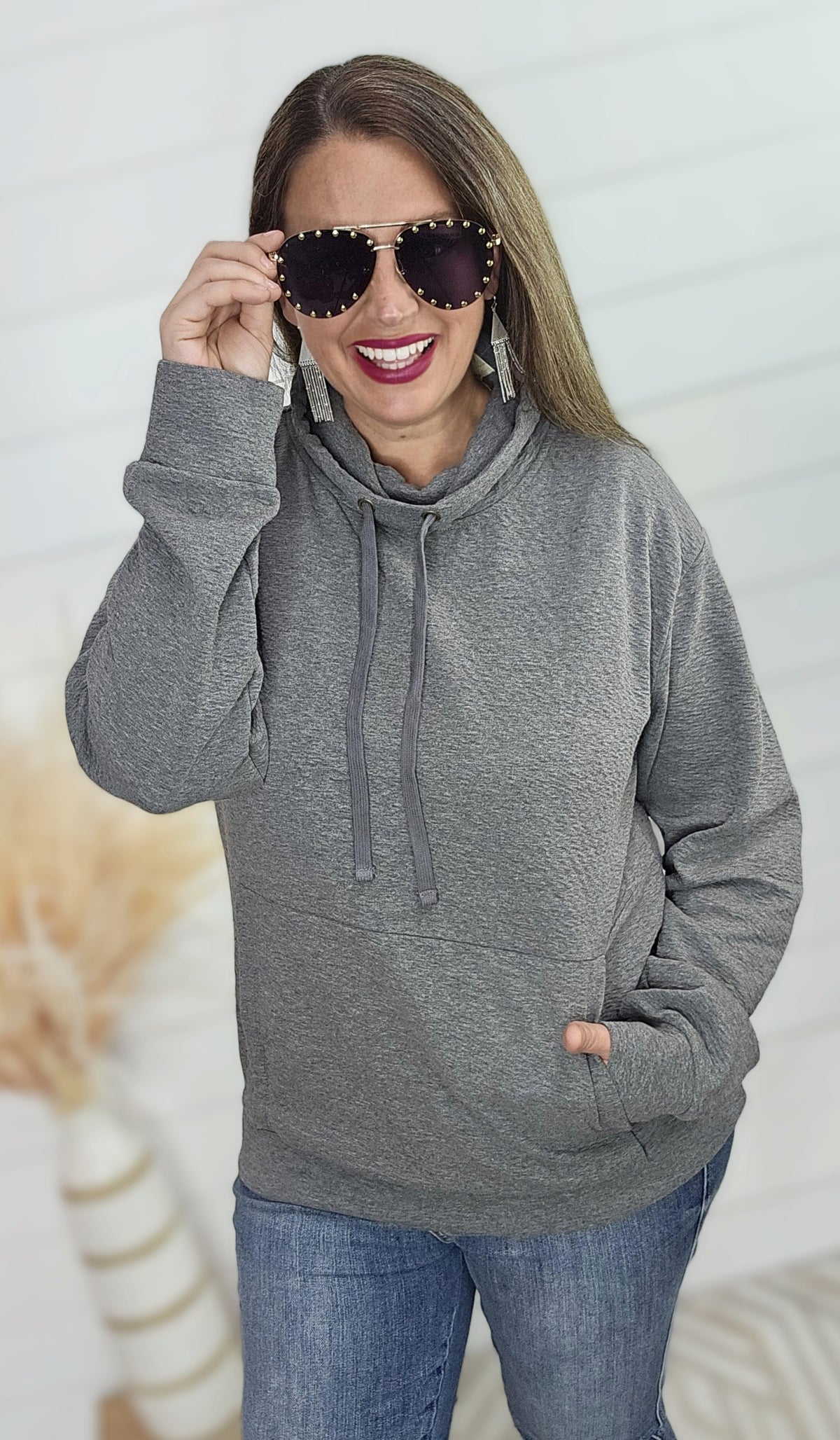 CHARCOAL COWLNECK TEXTURED PULLOVER