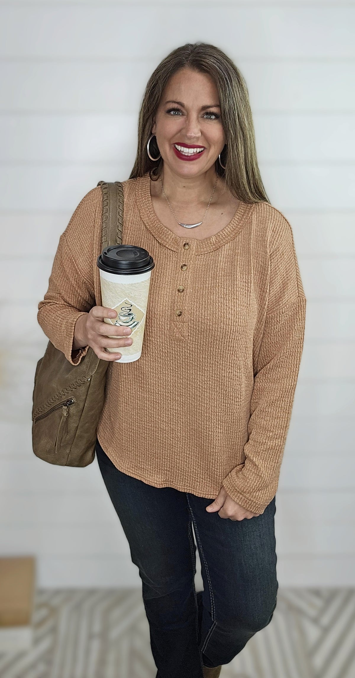 TERRA COTTA TEXTURED HENLEY LONG SLEEVE TOP