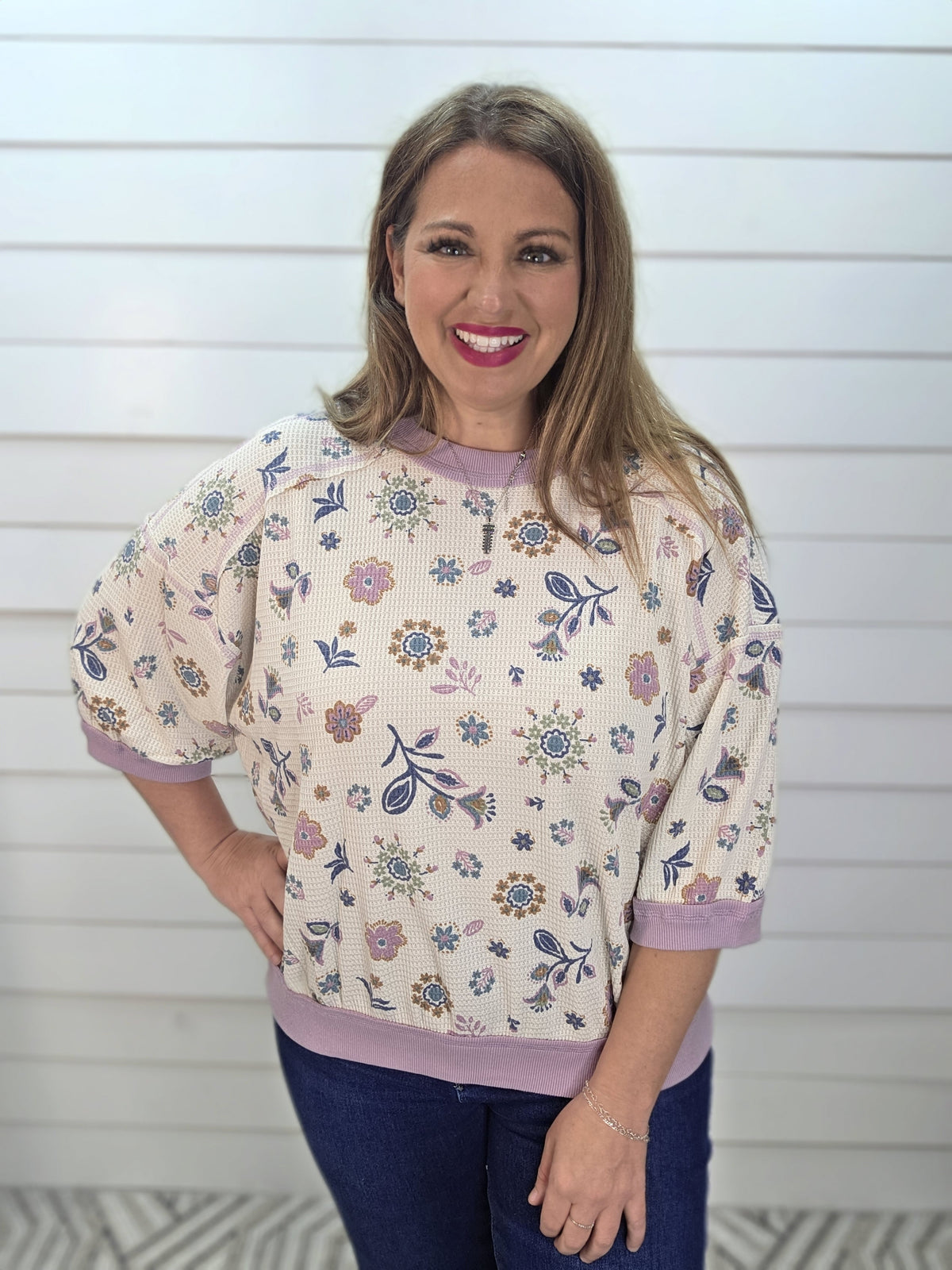 CREAM WAFFLE TEXTURE TO W/ FLORAL PRINT AND LILAC TRIM