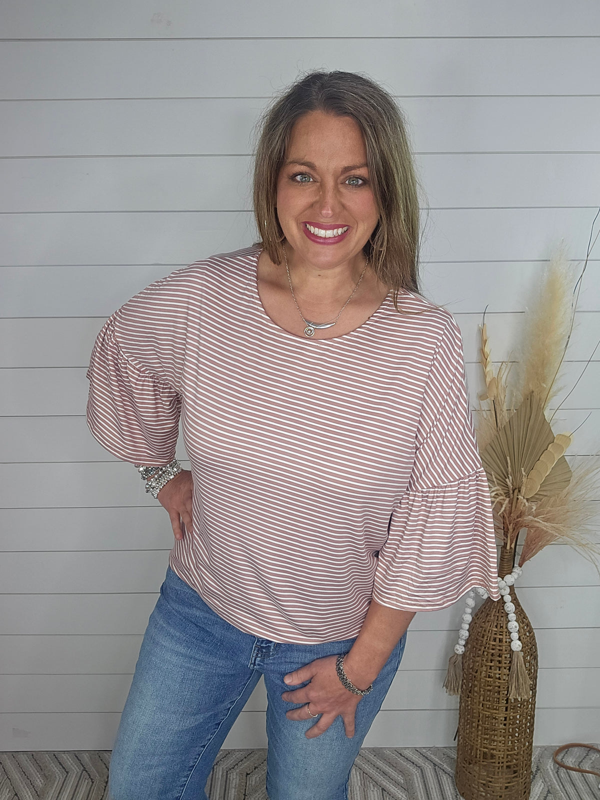 MAUVE STRIPED DROP SHOULDER KNIT TOP