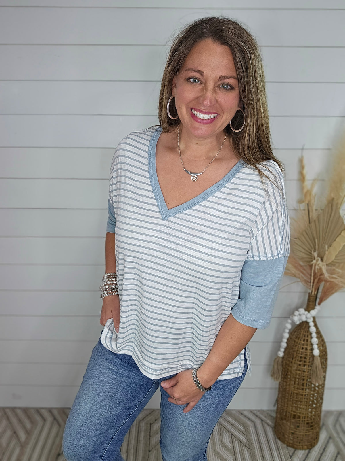 SEAFOAM/WHITE STRIPED V NECK COTTON TOP