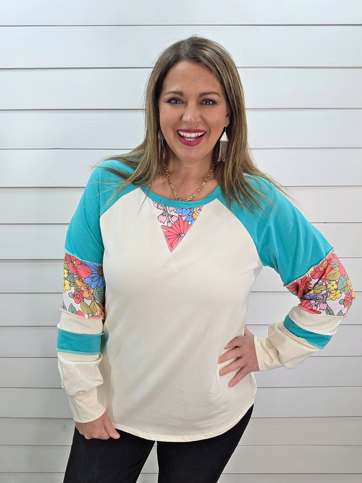 TEAL/CREAM FLORAL CONTAST FRENCH TERRY KNIT TOP