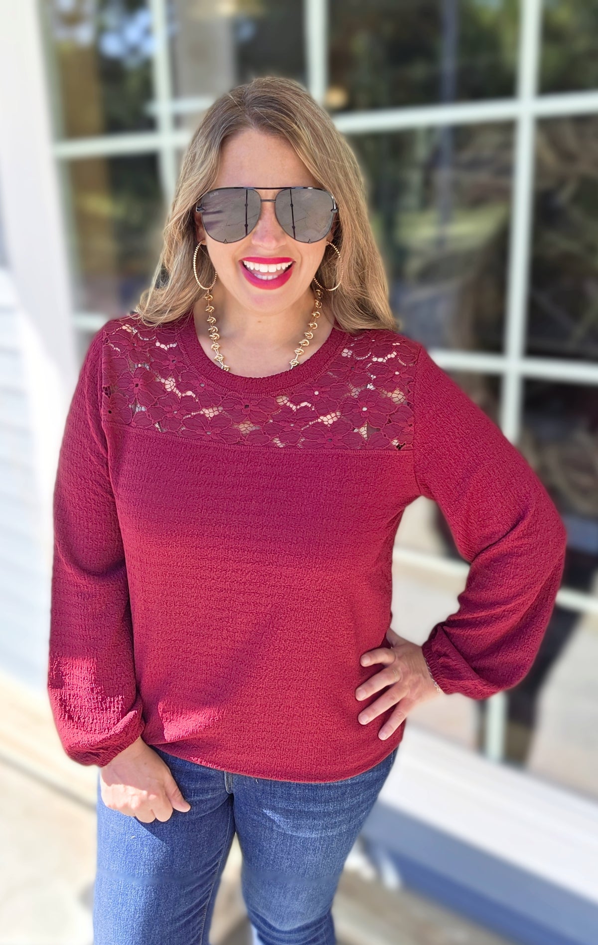 WINE TEXTURED LACE TRIM YOKE TOP