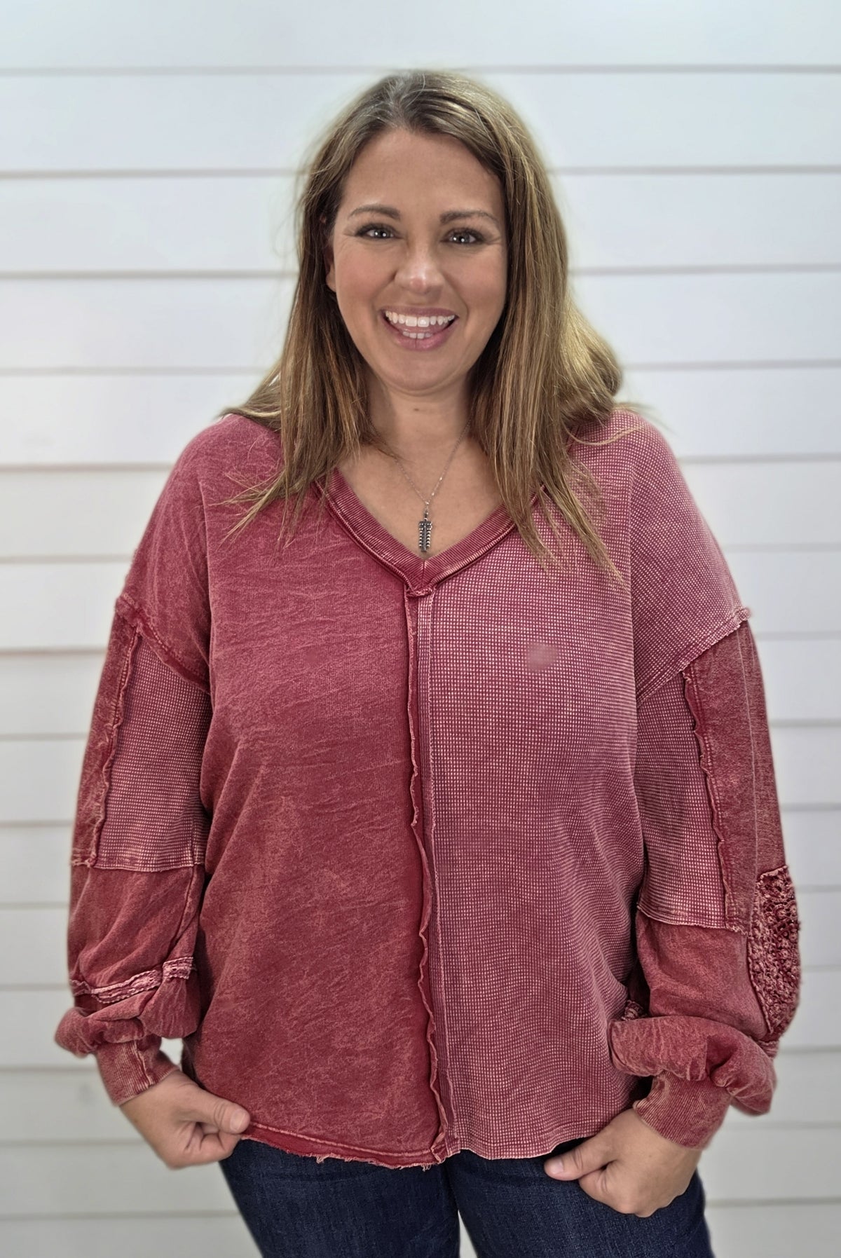 BURGUNDY Mineral Washed Doily V neck KNIT TOP
