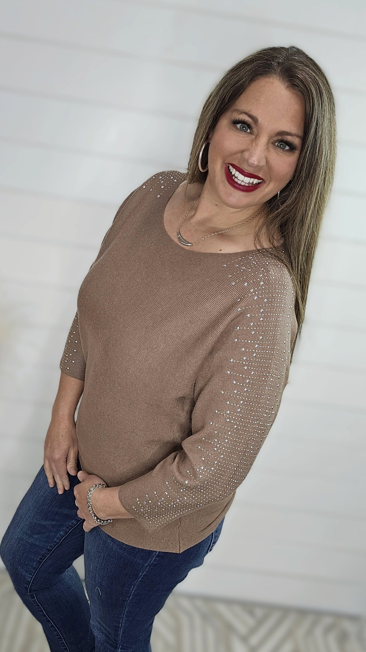 MOCHA RHINESTONE BOATNECK SWEATER