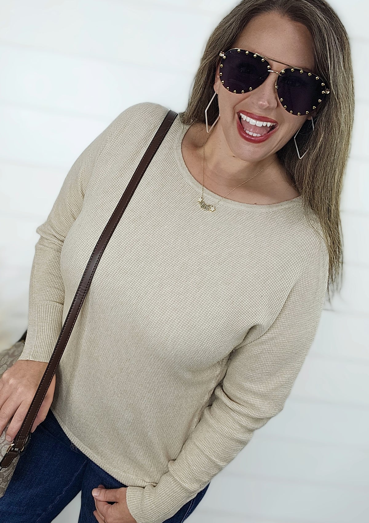 OATMEAL WAFFLE TEXTURE SWEATER W/ RIBBED TRIM