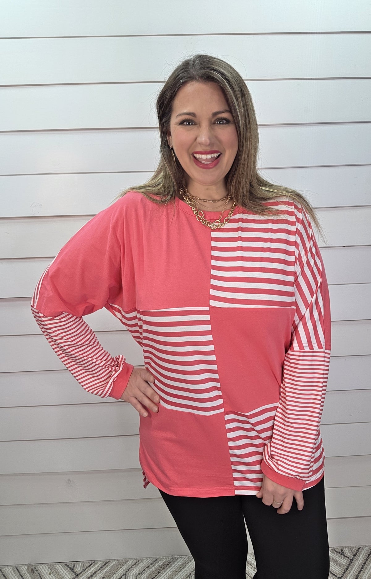 PINK BLOCK STRIPED DROP SHOULDER LONG SLEEVE OVERSIZED TOP