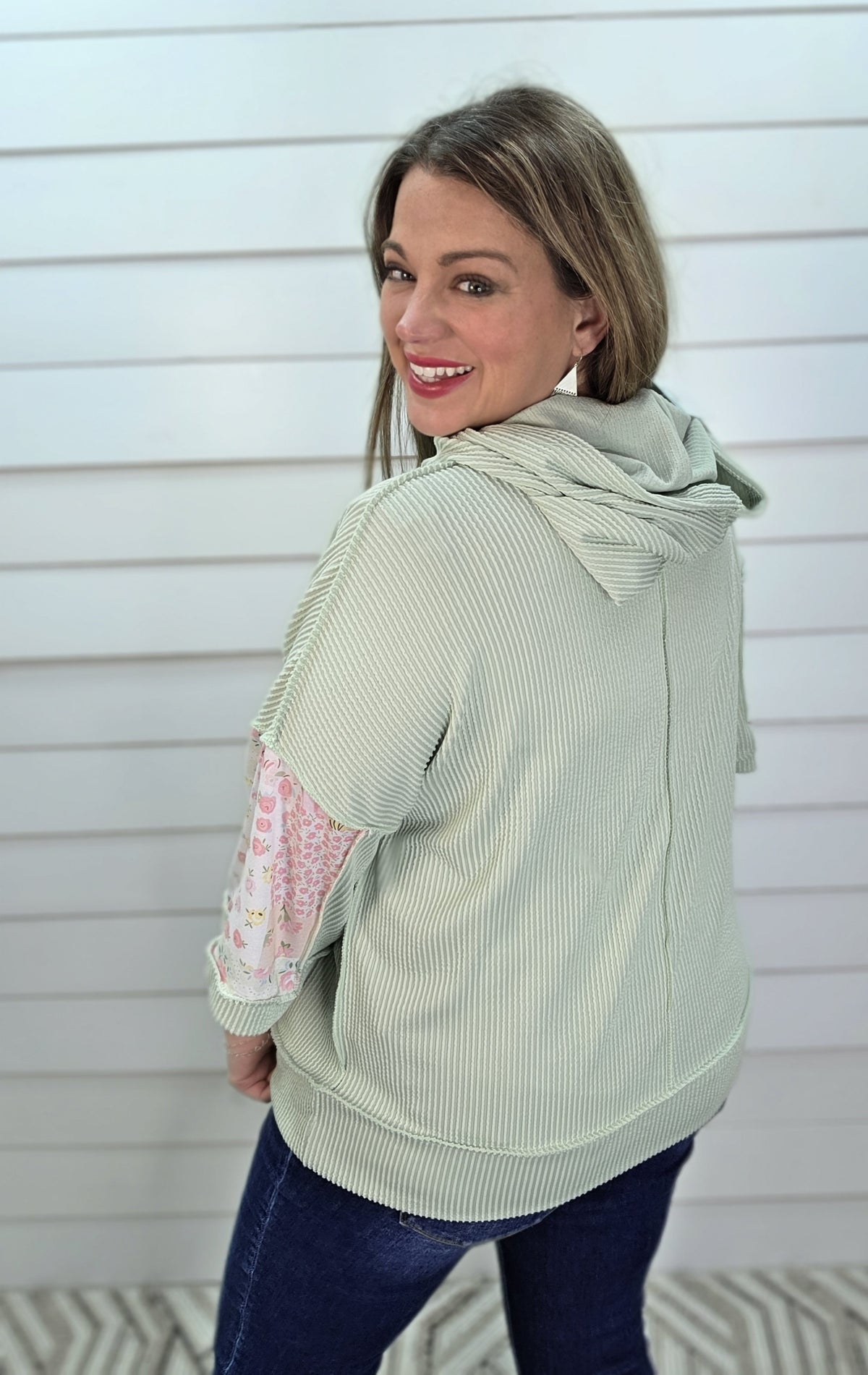 SAGE RAISED RIBBED HALF SLEECE FLORAL HOODIE